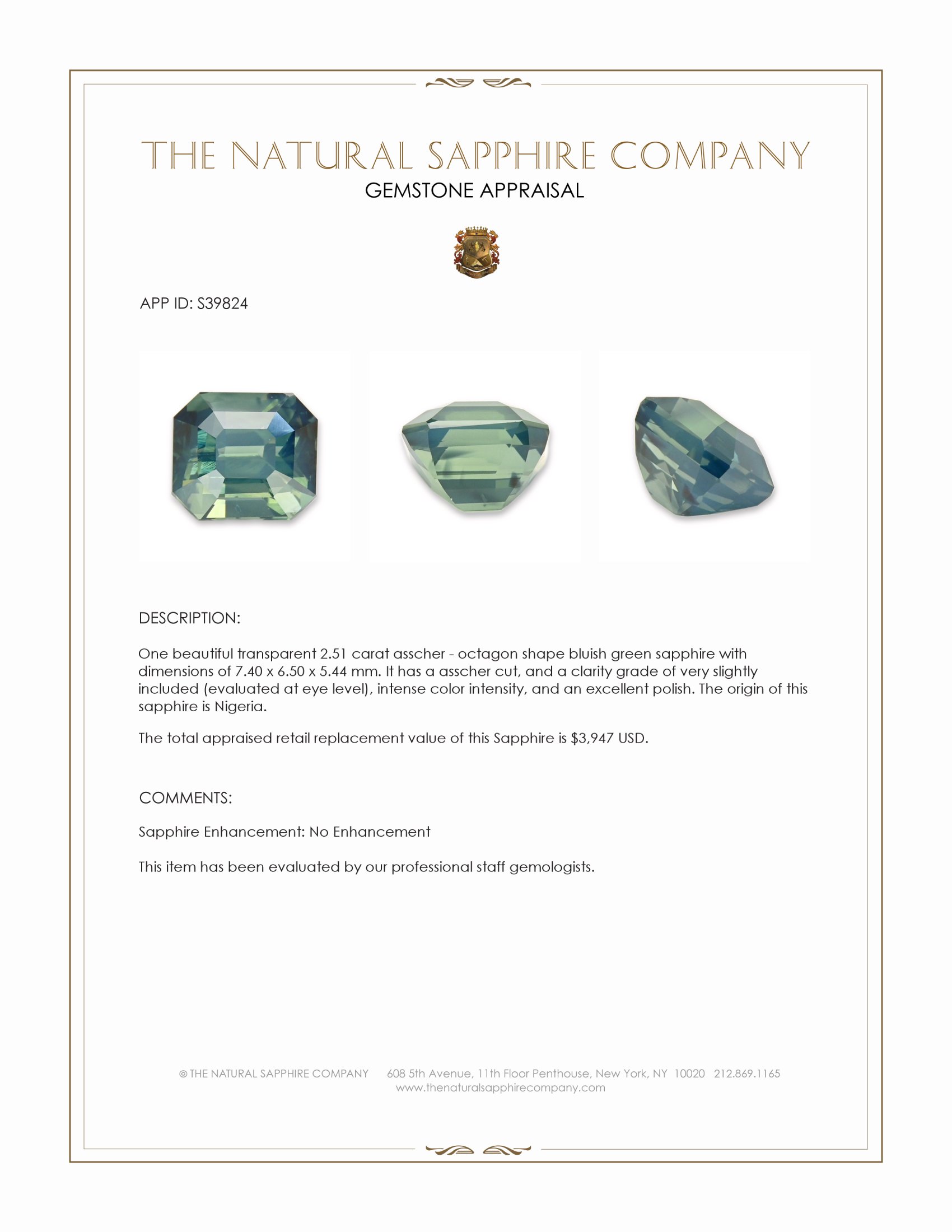 2.51 Ct. Bluish Green Sapphire from Nigeria