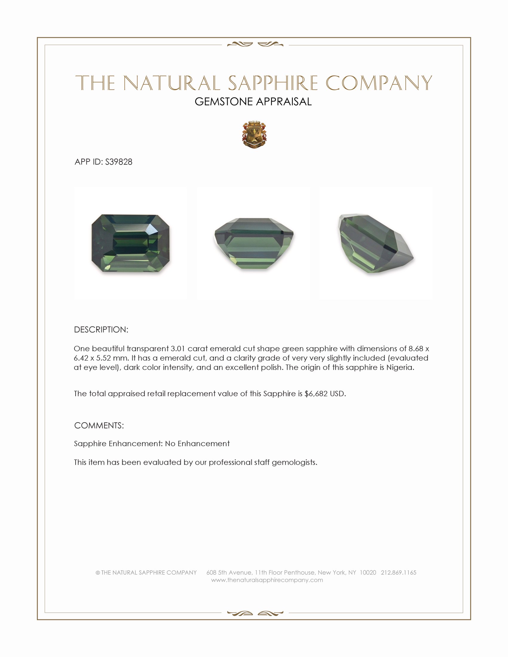 3.01 Ct. Green Sapphire from Nigeria