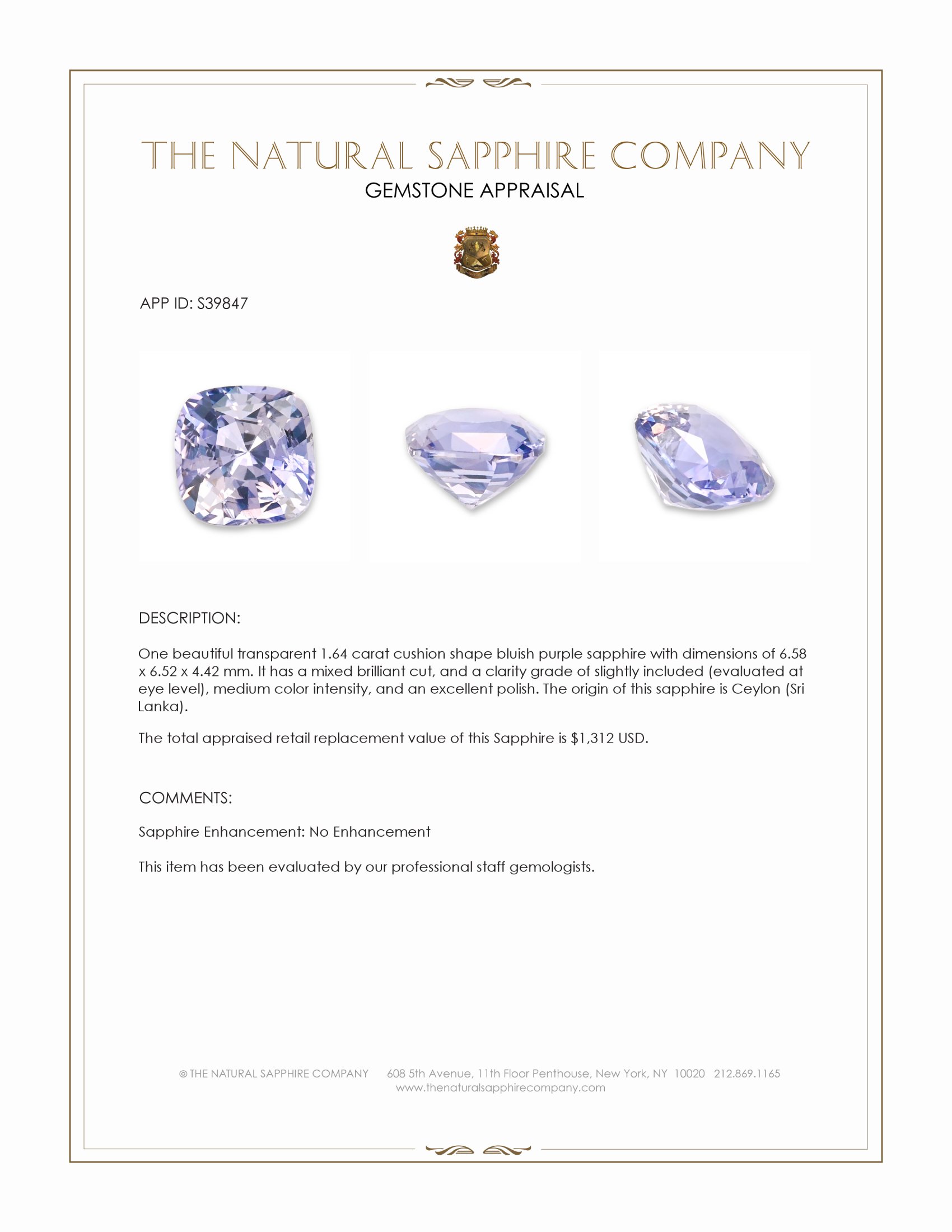 1.64 Ct. Bluish Purple Sapphire from Ceylon (Sri Lanka)