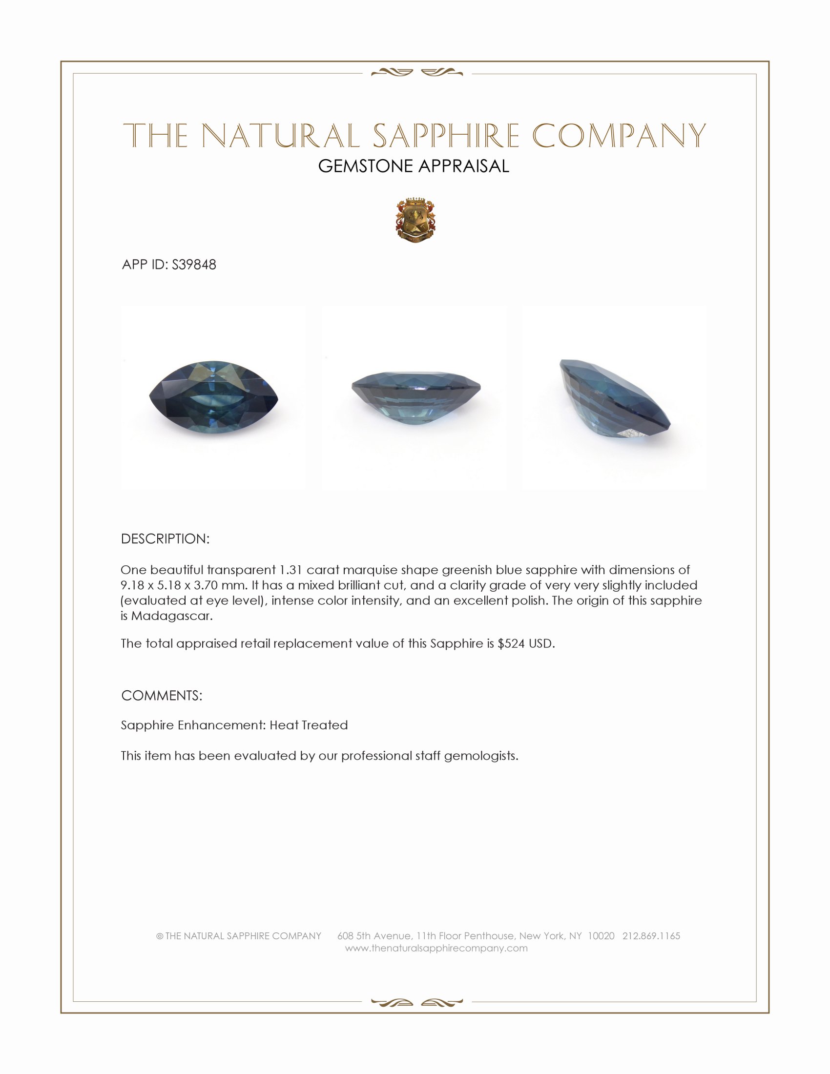 1.31 Ct. Greenish Blue Sapphire from Madagascar