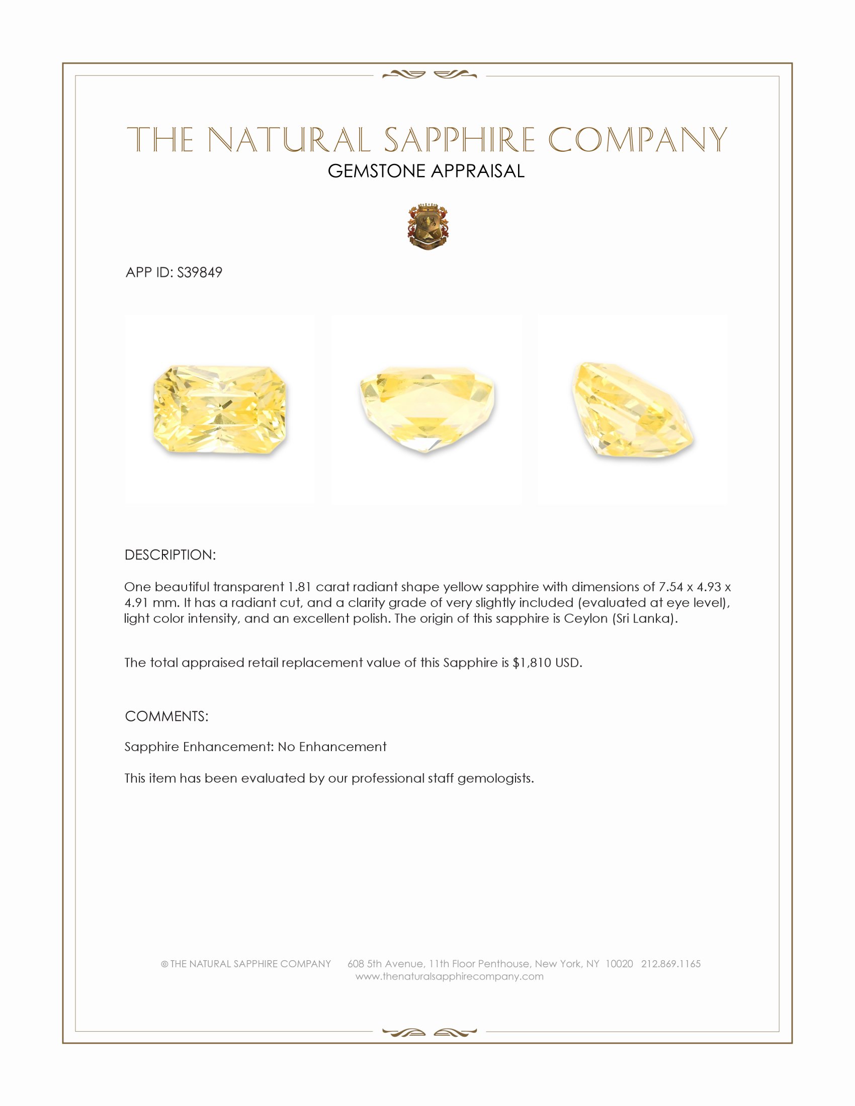 1.81 Ct. Yellow Sapphire from Ceylon (Sri Lanka)