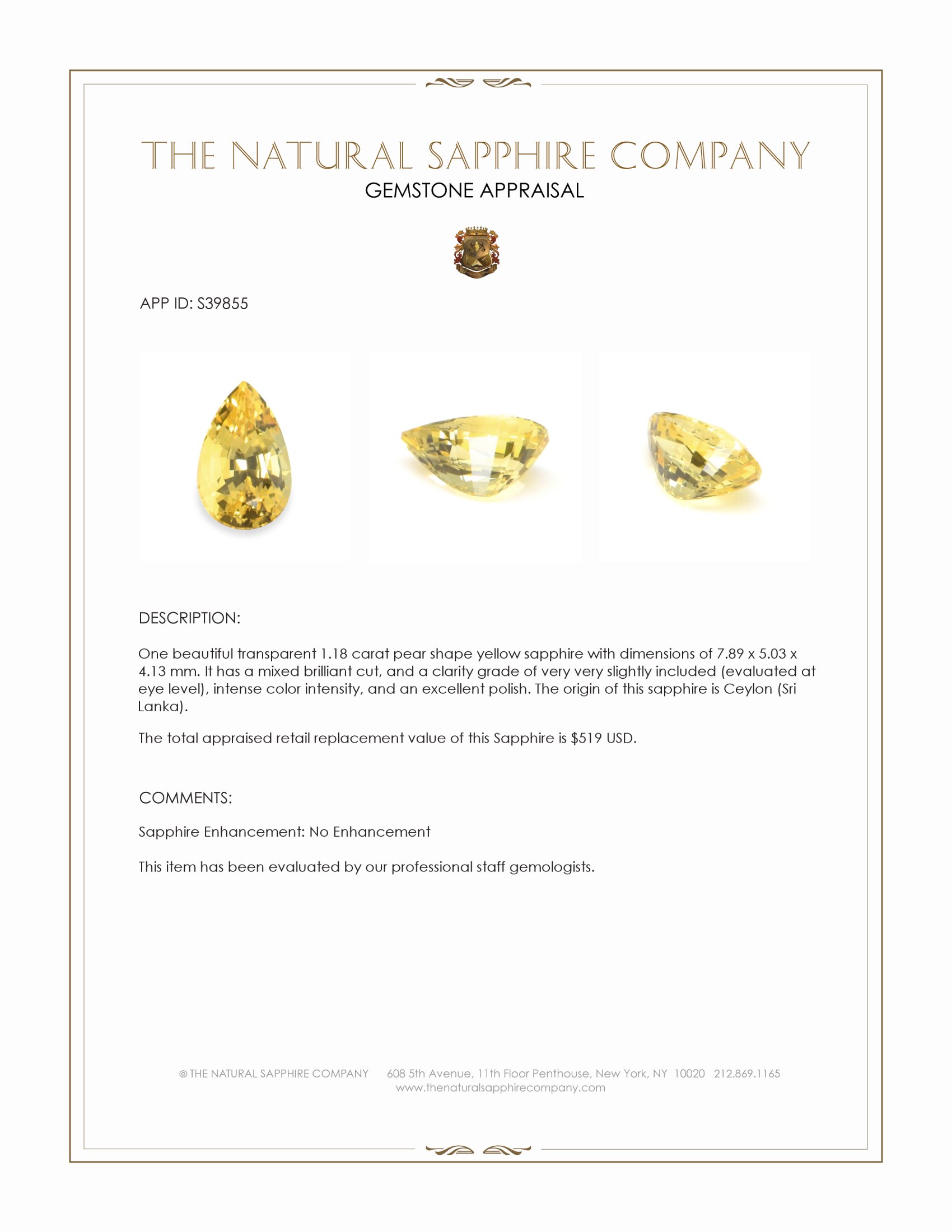 1.18 Ct. Yellow Sapphire from Ceylon (Sri Lanka)