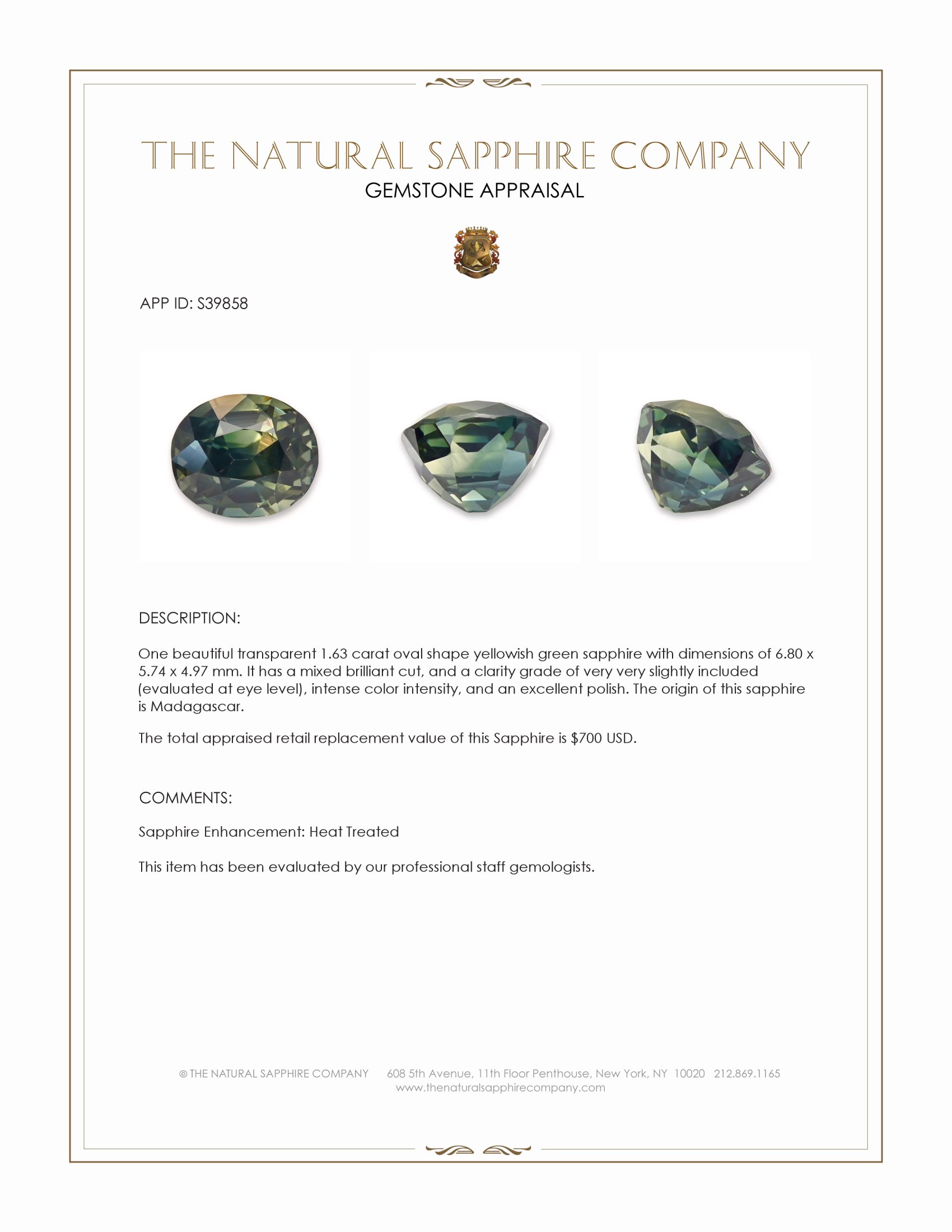 1.63 Ct. Yellowish Green Sapphire from Madagascar