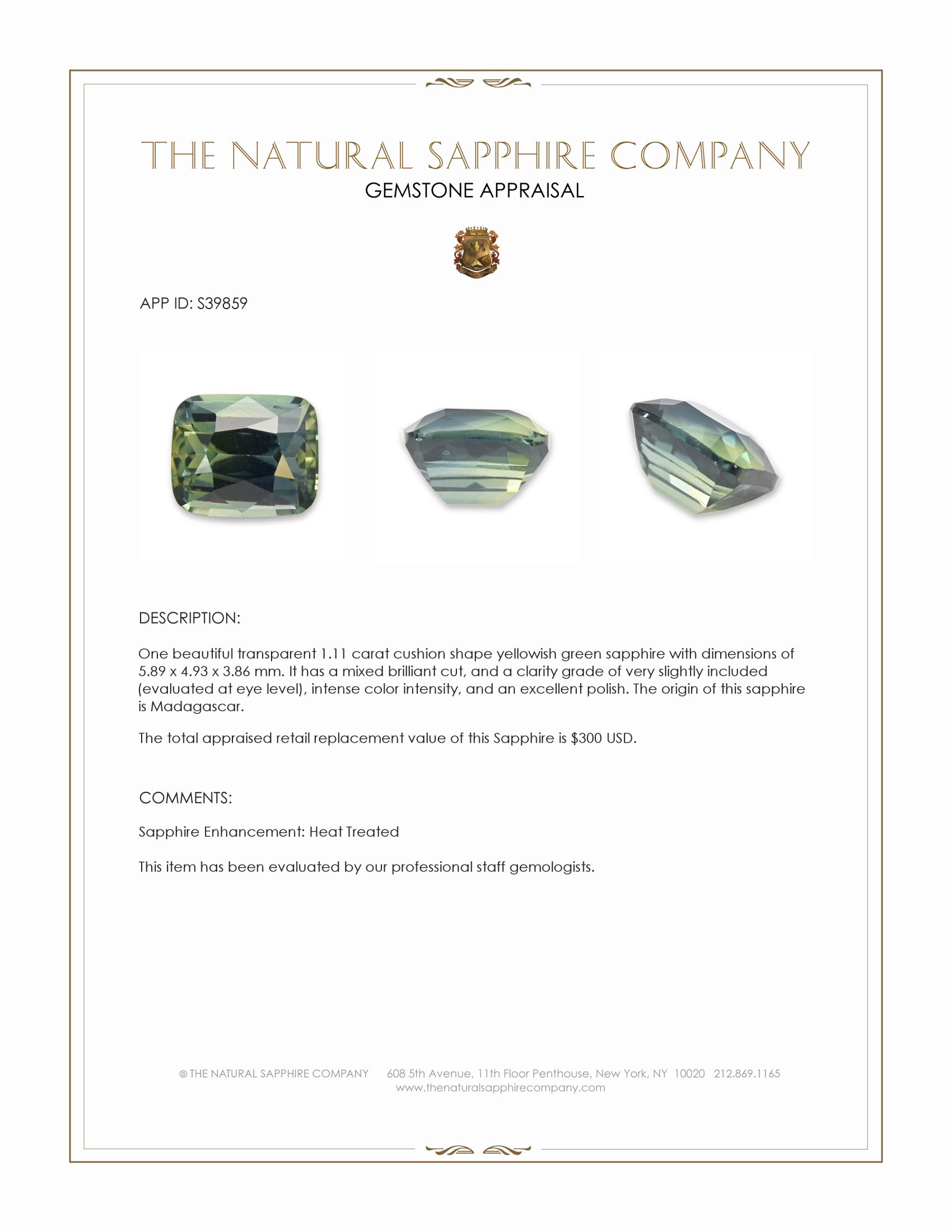 1.11 Ct. Yellowish Green Sapphire from Madagascar