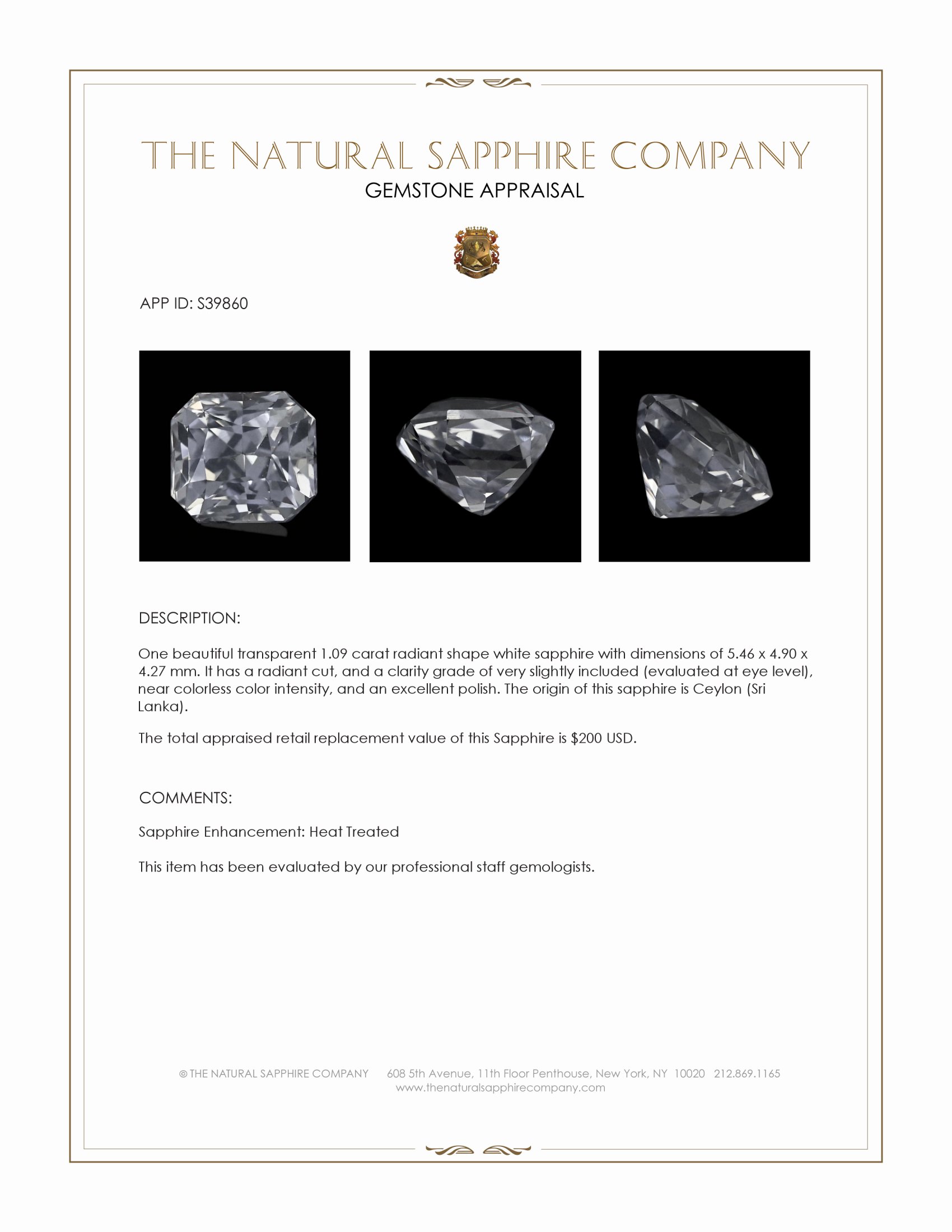 1.09 Ct. White Sapphire from Ceylon (Sri Lanka)