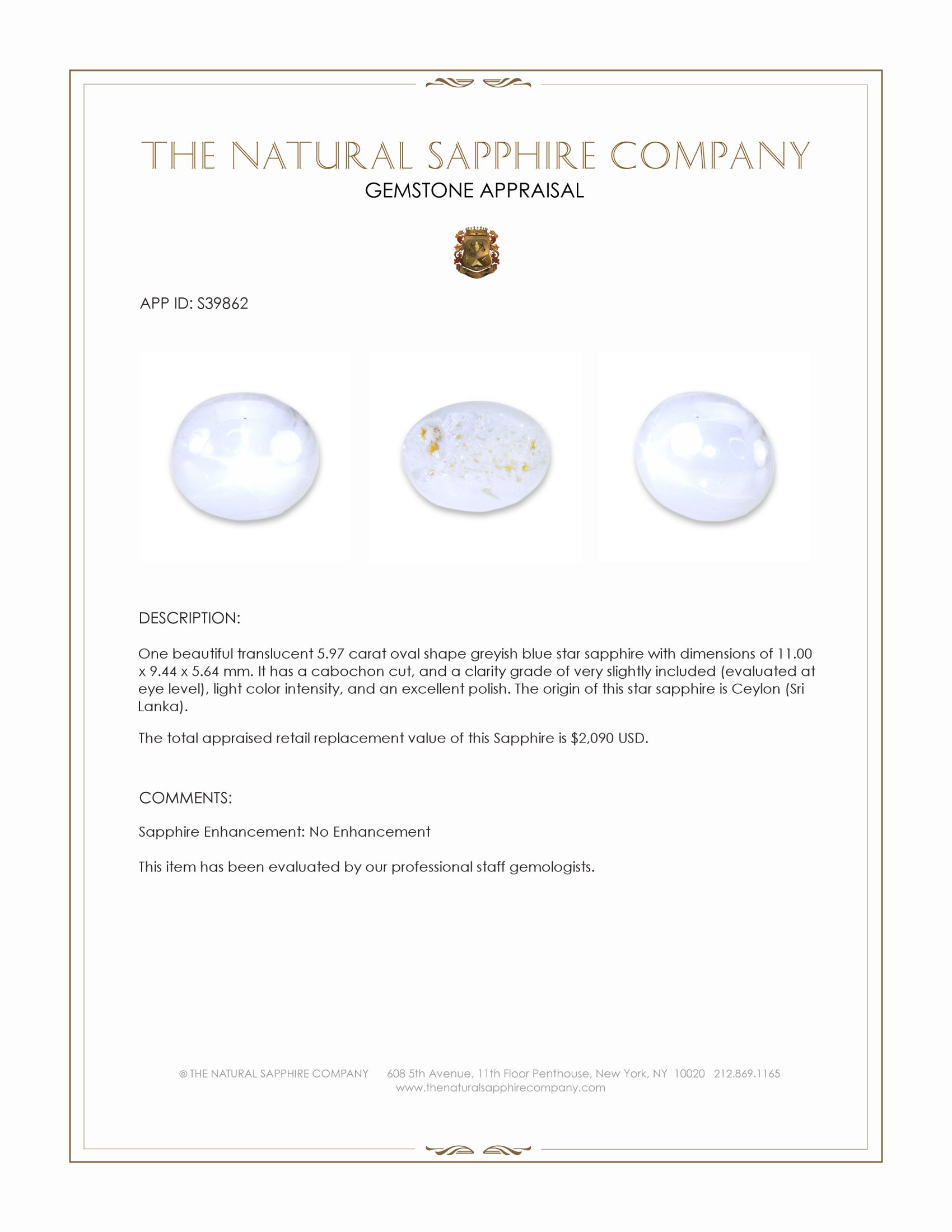 5.97 Ct. Greyish Blue Star Sapphire from Ceylon (Sri Lanka)