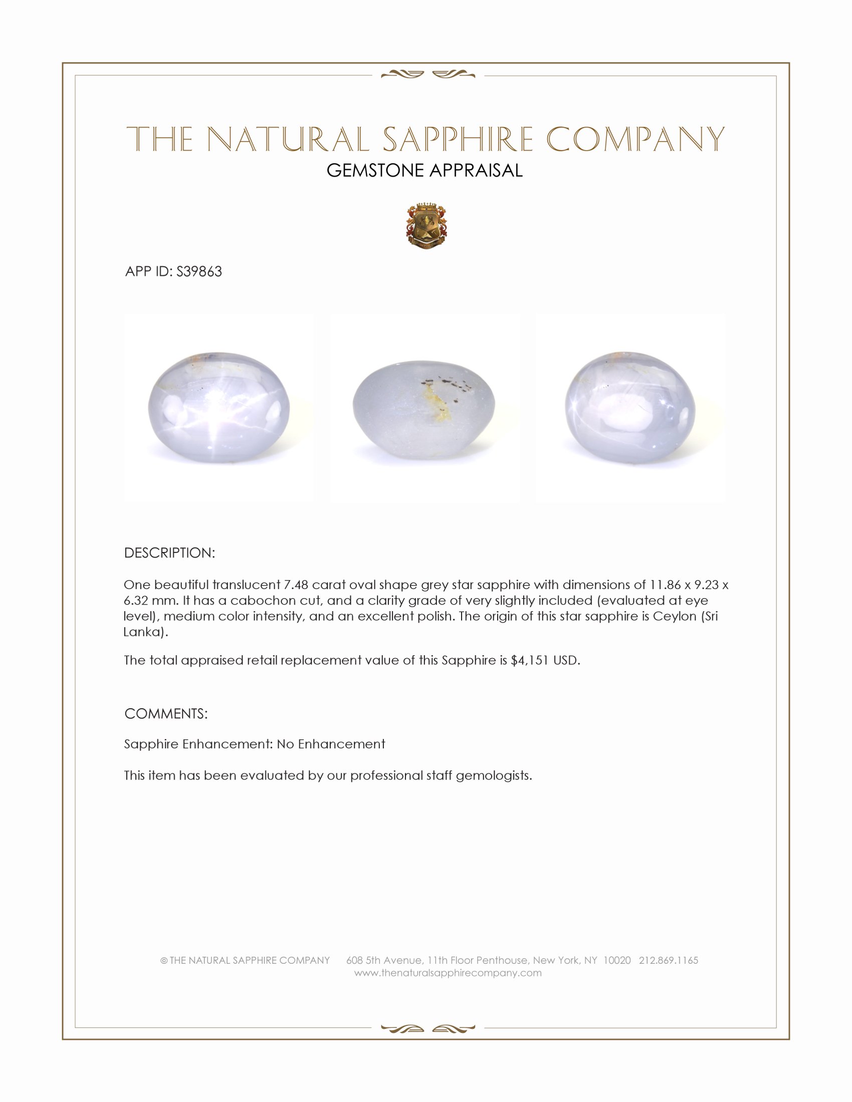 7.48 Ct. Grey Star Sapphire from Ceylon (Sri Lanka)