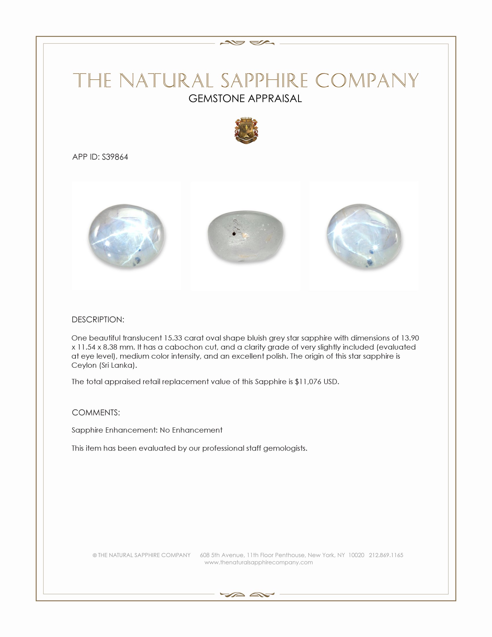 15.33 Ct. Bluish Grey Star Sapphire from Ceylon (Sri Lanka)