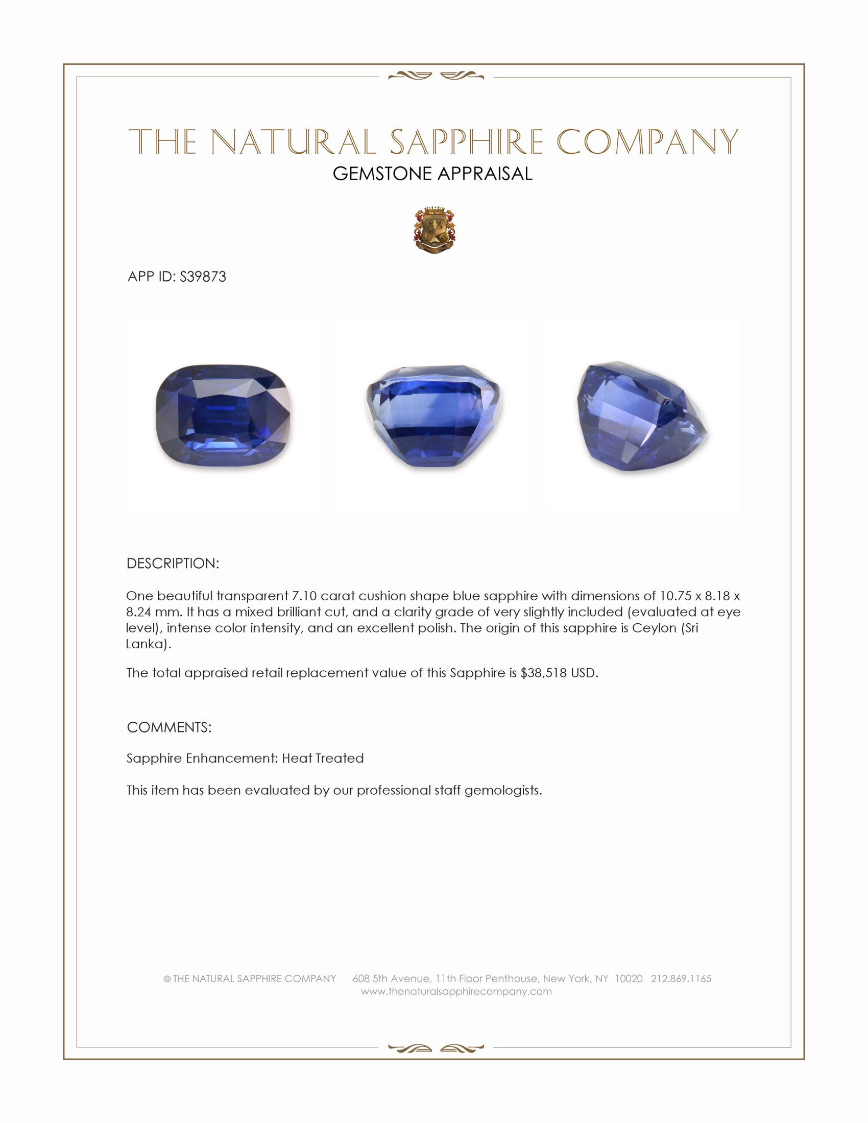 7.10 Ct. Blue Sapphire from Ceylon (Sri Lanka)