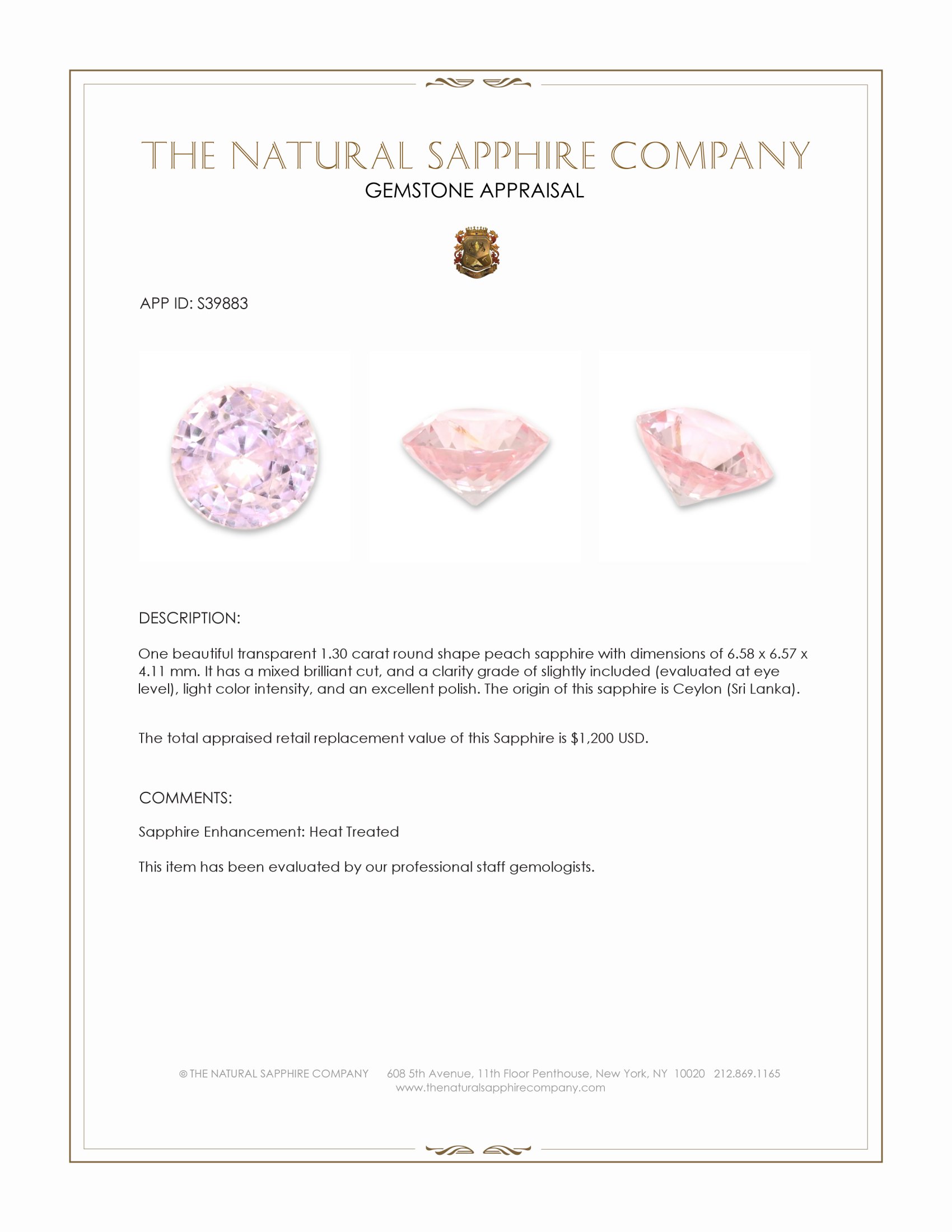 1.30 Ct. Peach Sapphire from Ceylon (Sri Lanka)