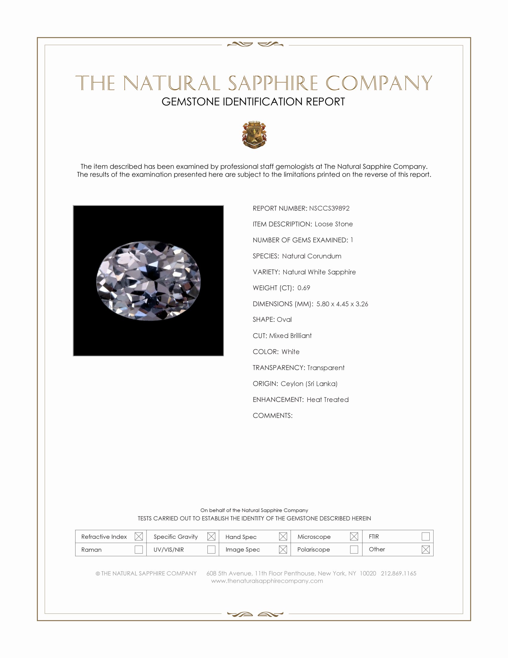 0.69 Ct. White Sapphire from Ceylon (Sri Lanka)