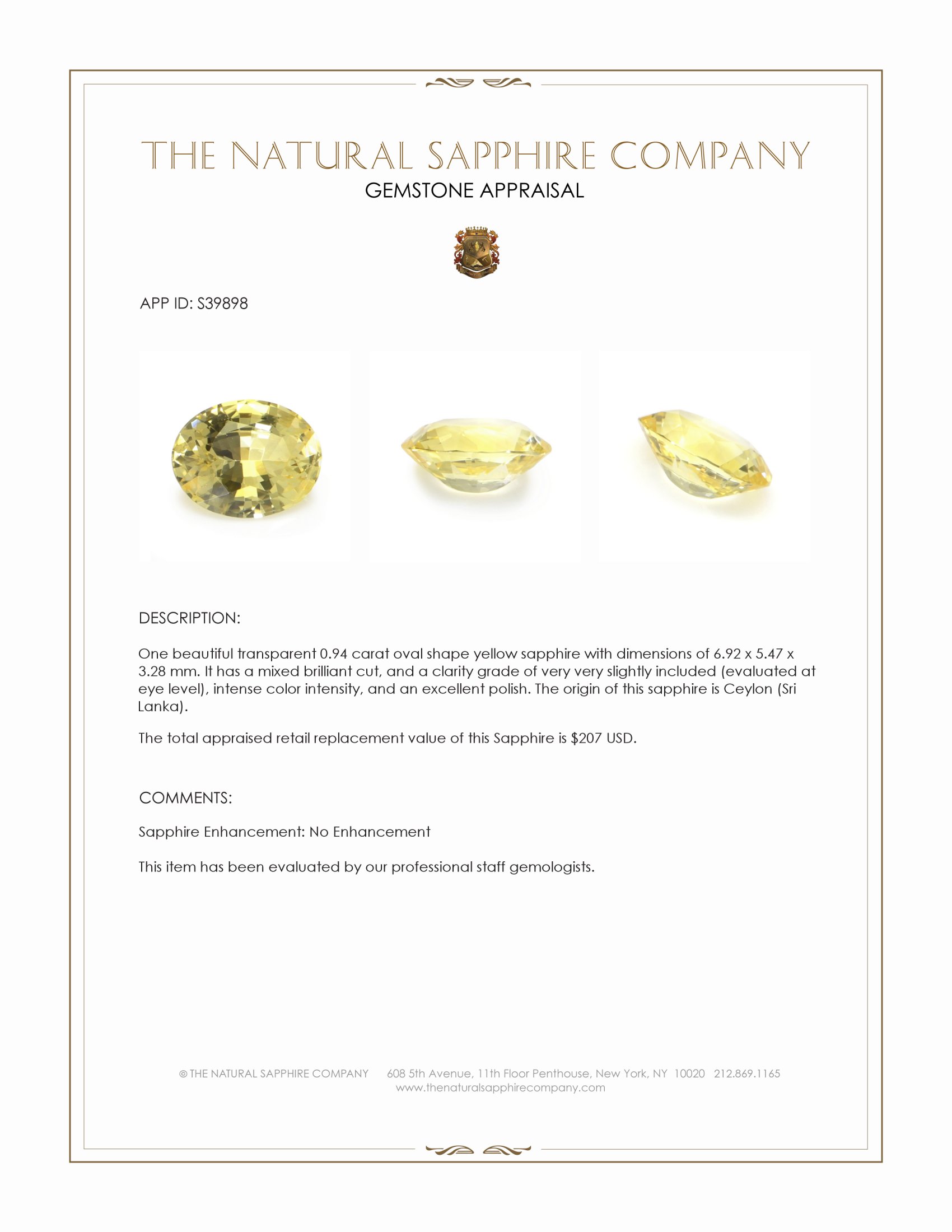 0.94 Ct. Yellow Sapphire from Ceylon (Sri Lanka)