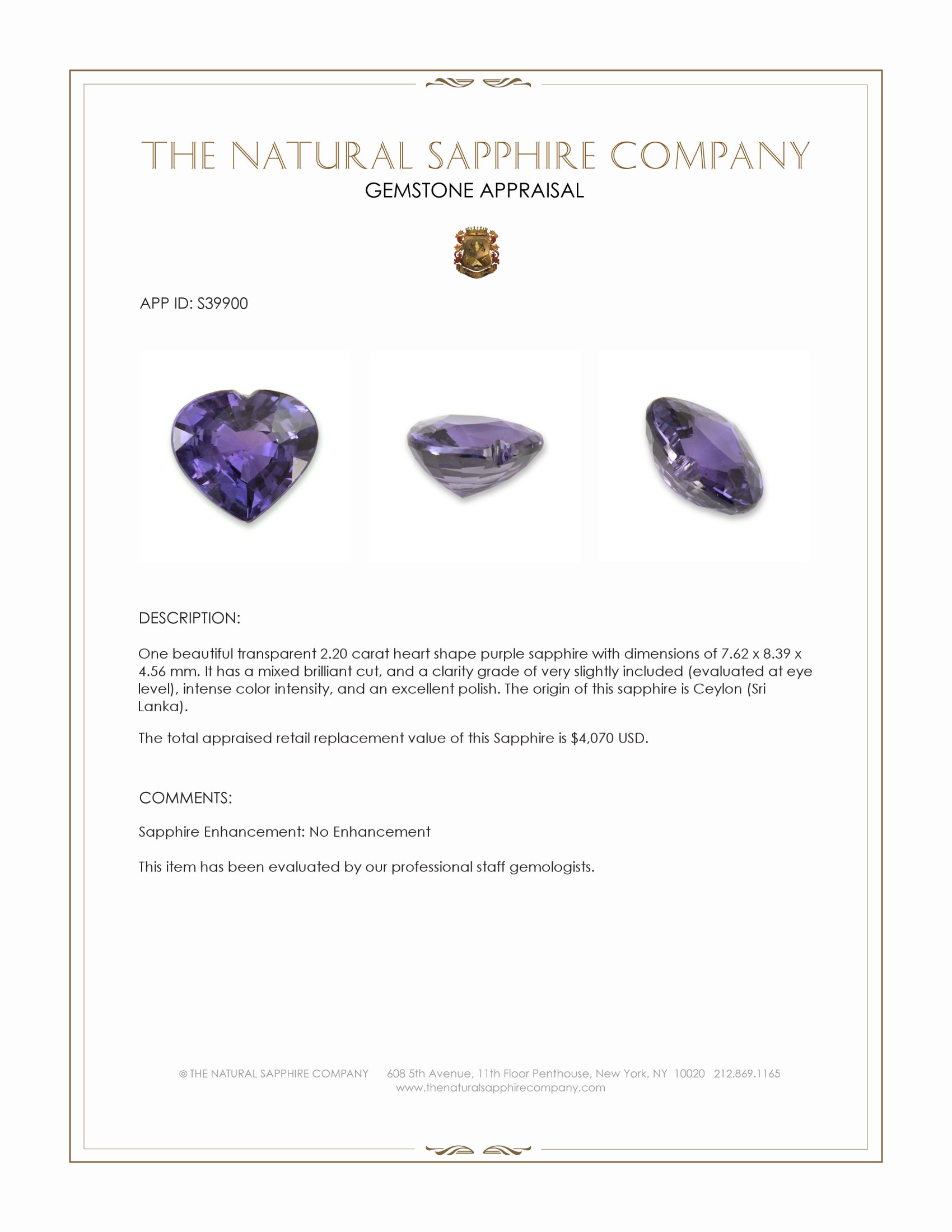 2.20 Ct. Purple Sapphire from Ceylon (Sri Lanka)