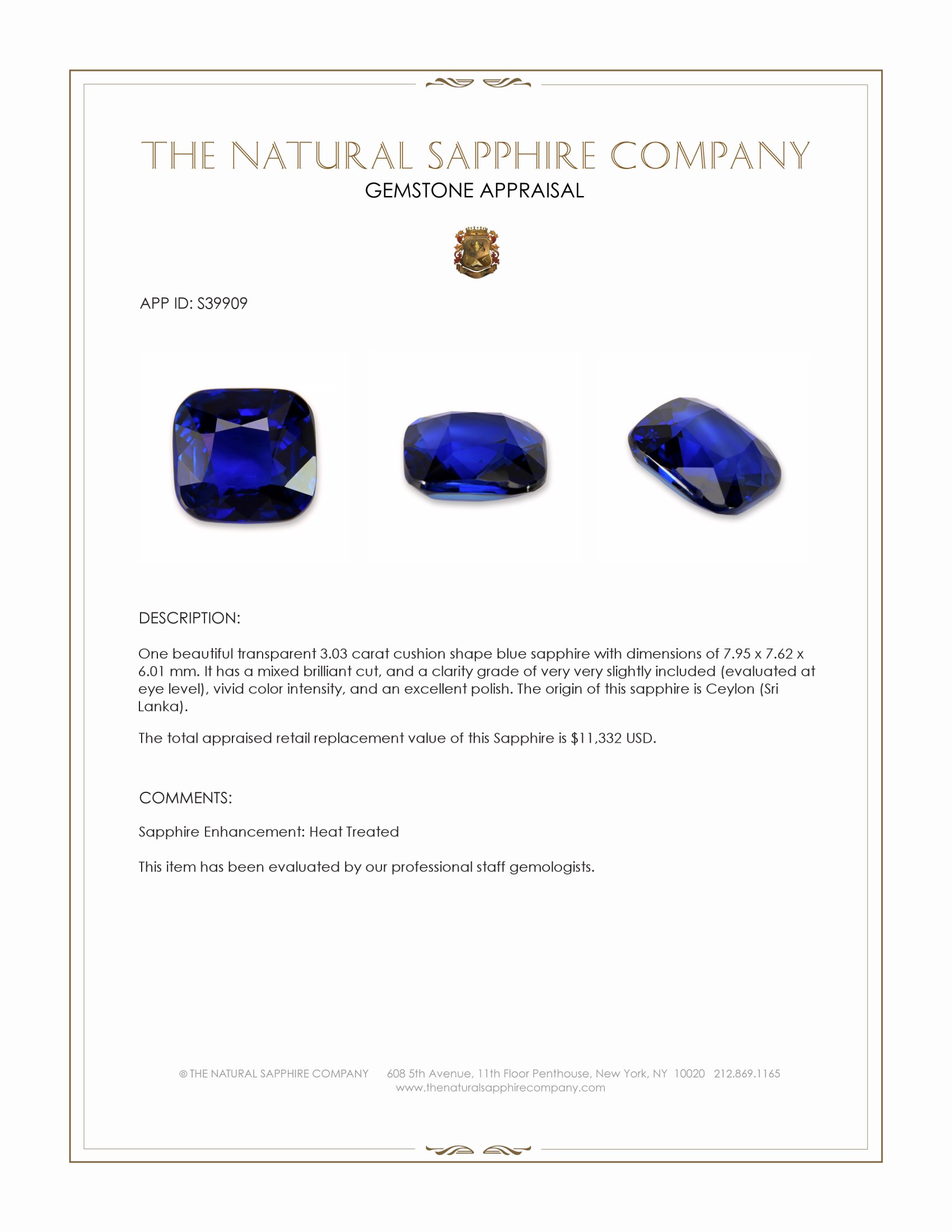 3.03 Ct. Blue Sapphire from Ceylon (Sri Lanka)