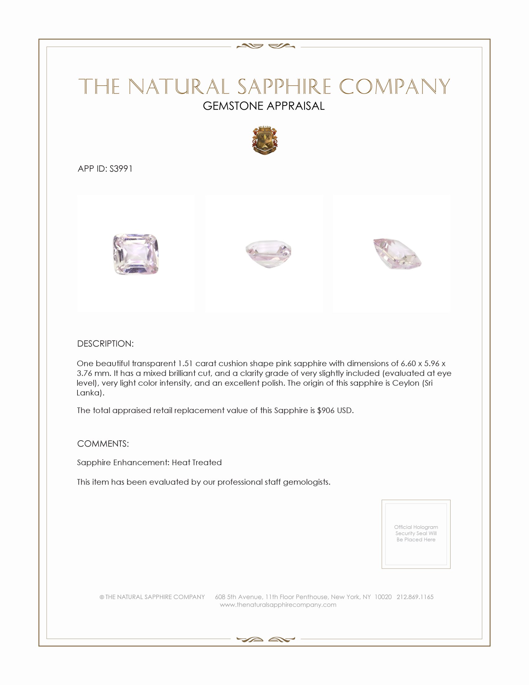 1.51 Ct. Pink Sapphire from Ceylon (Sri Lanka)