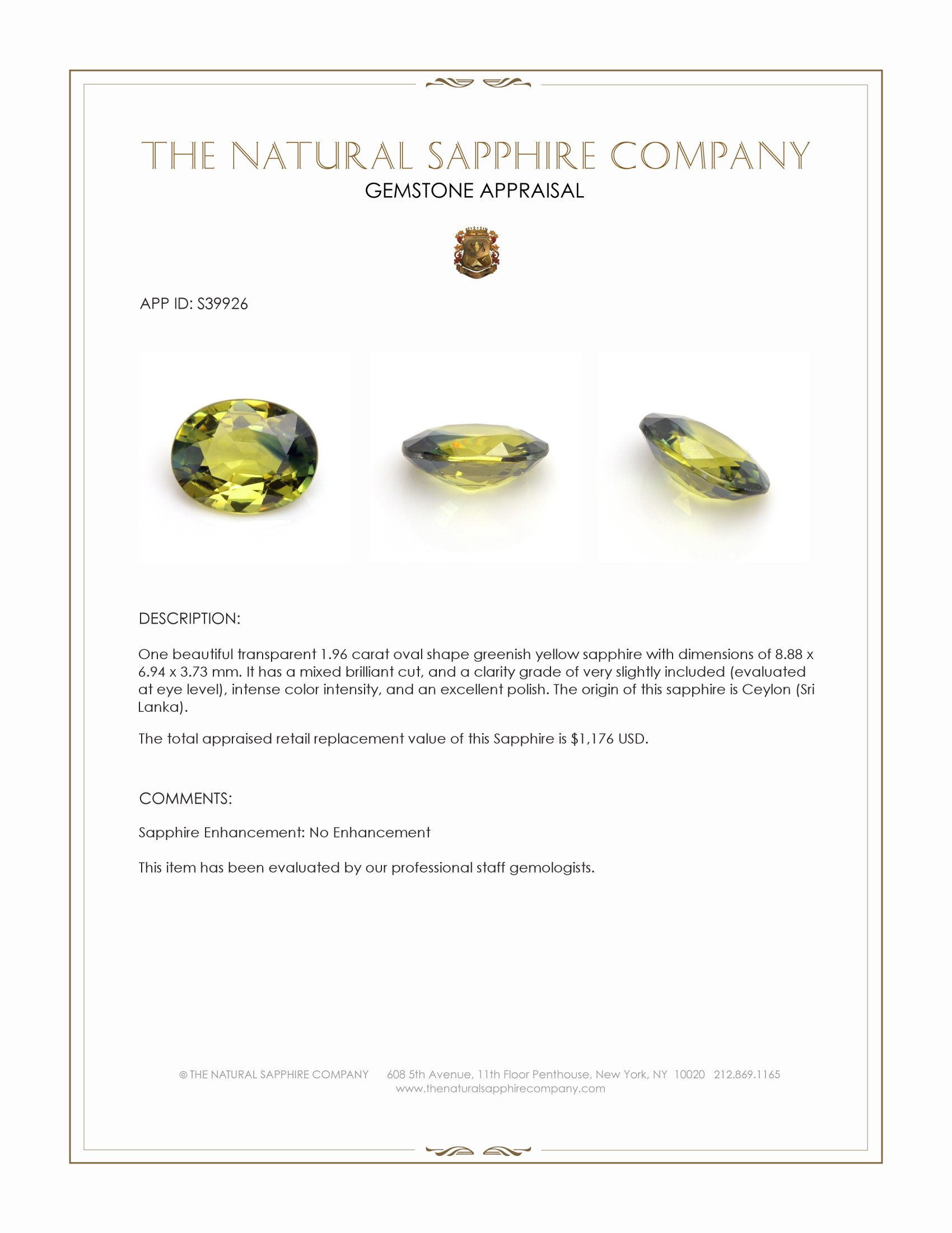 1.96 Ct. Greenish Yellow Sapphire from Ceylon (Sri Lanka)