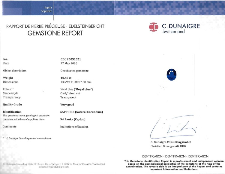 10.60 Ct. Blue Sapphire from Ceylon (Sri Lanka)