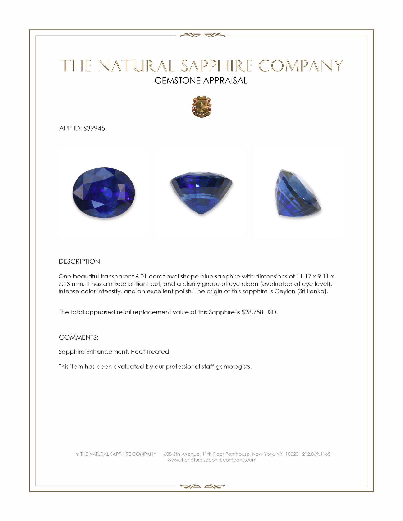6.01 Ct. Blue Sapphire from Ceylon (Sri Lanka)