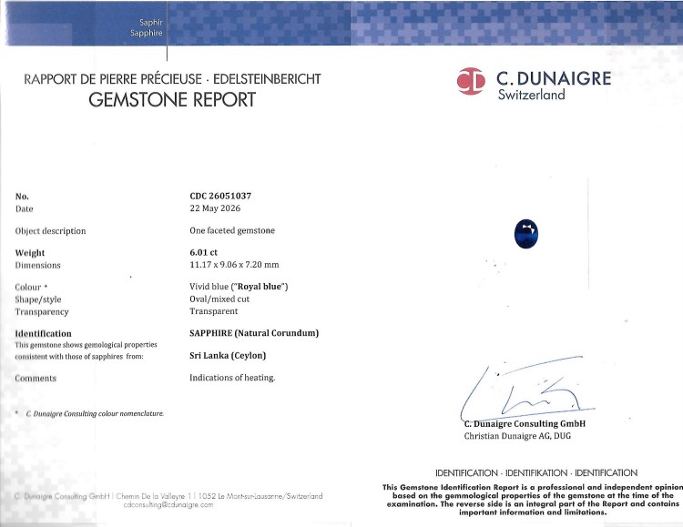 6.01 Ct. Blue Sapphire from Ceylon (Sri Lanka)