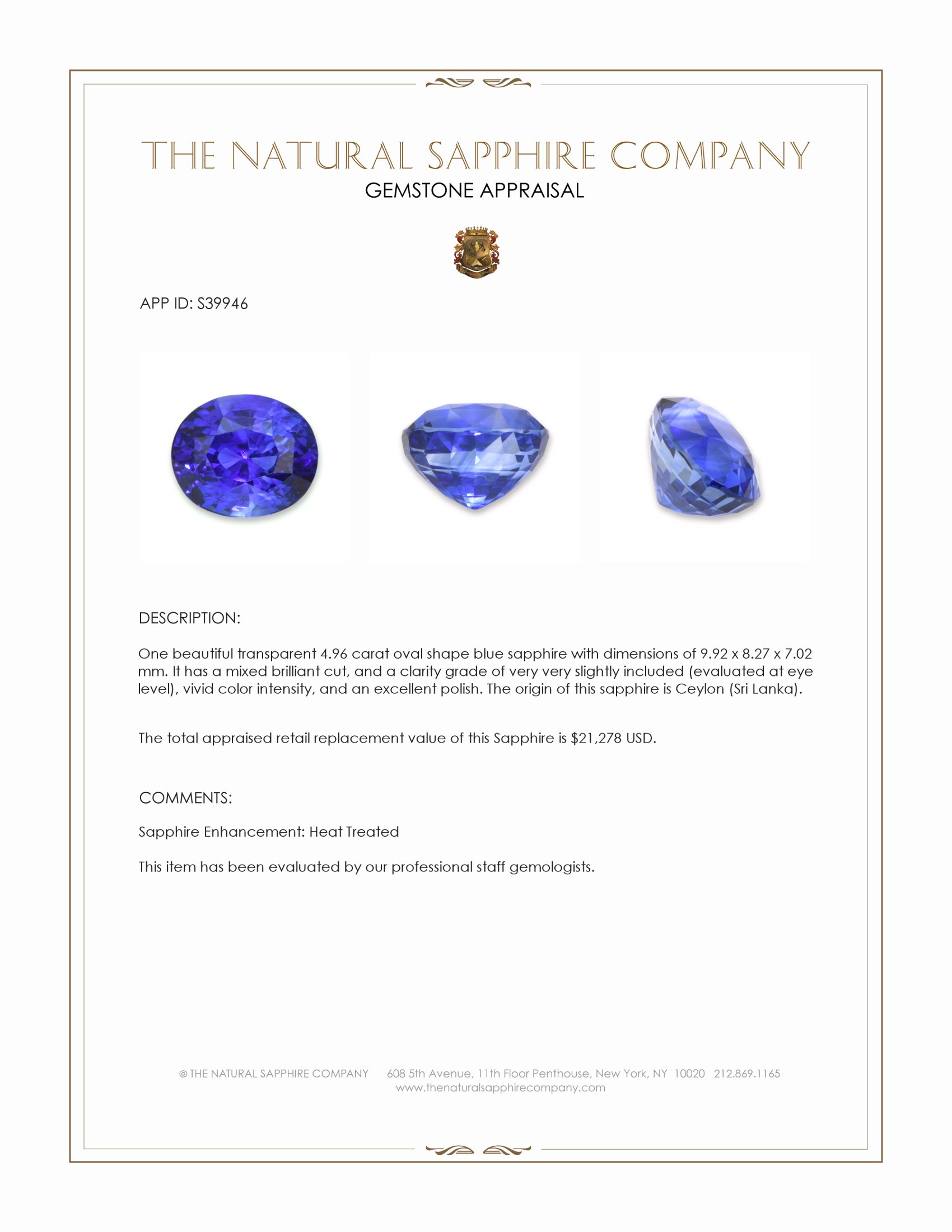 4.96 Ct. Blue Sapphire from Ceylon (Sri Lanka)