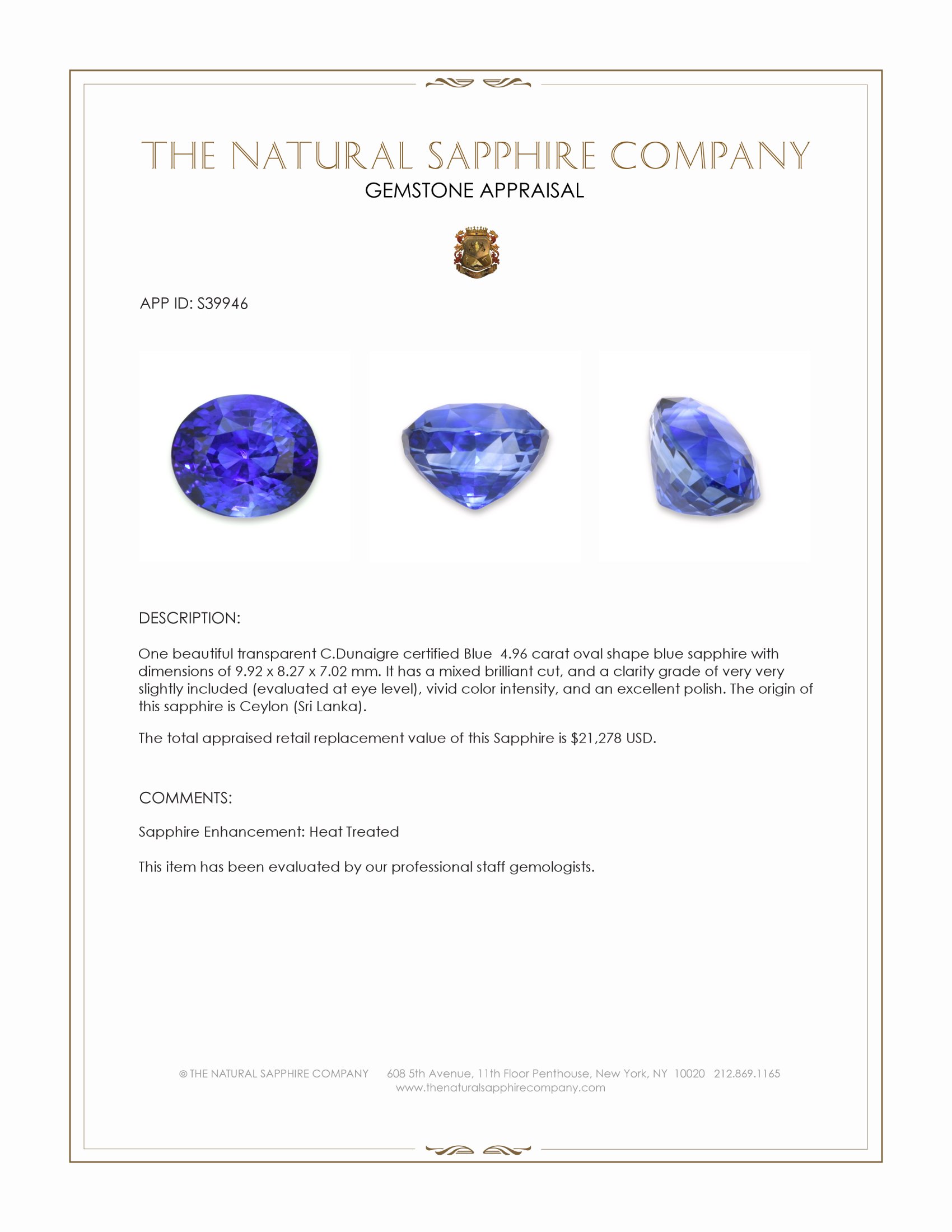 4.96 Ct. Blue Sapphire from Ceylon (Sri Lanka)