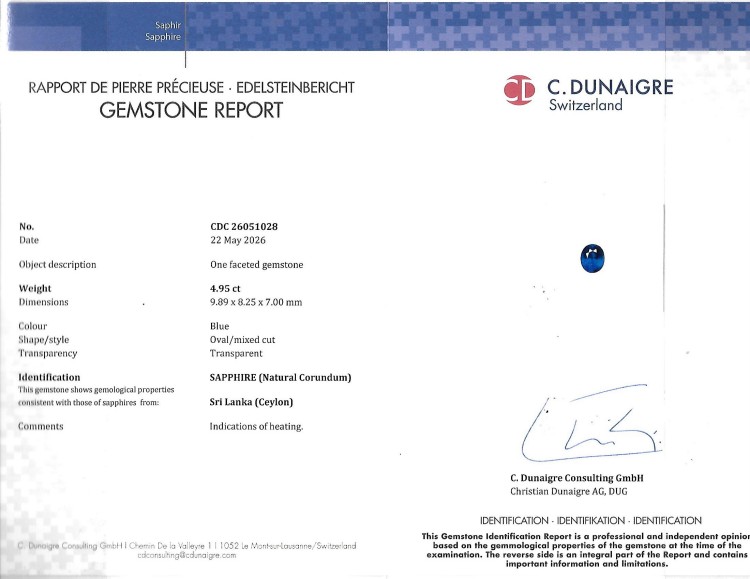 4.96 Ct. Blue Sapphire from Ceylon (Sri Lanka)
