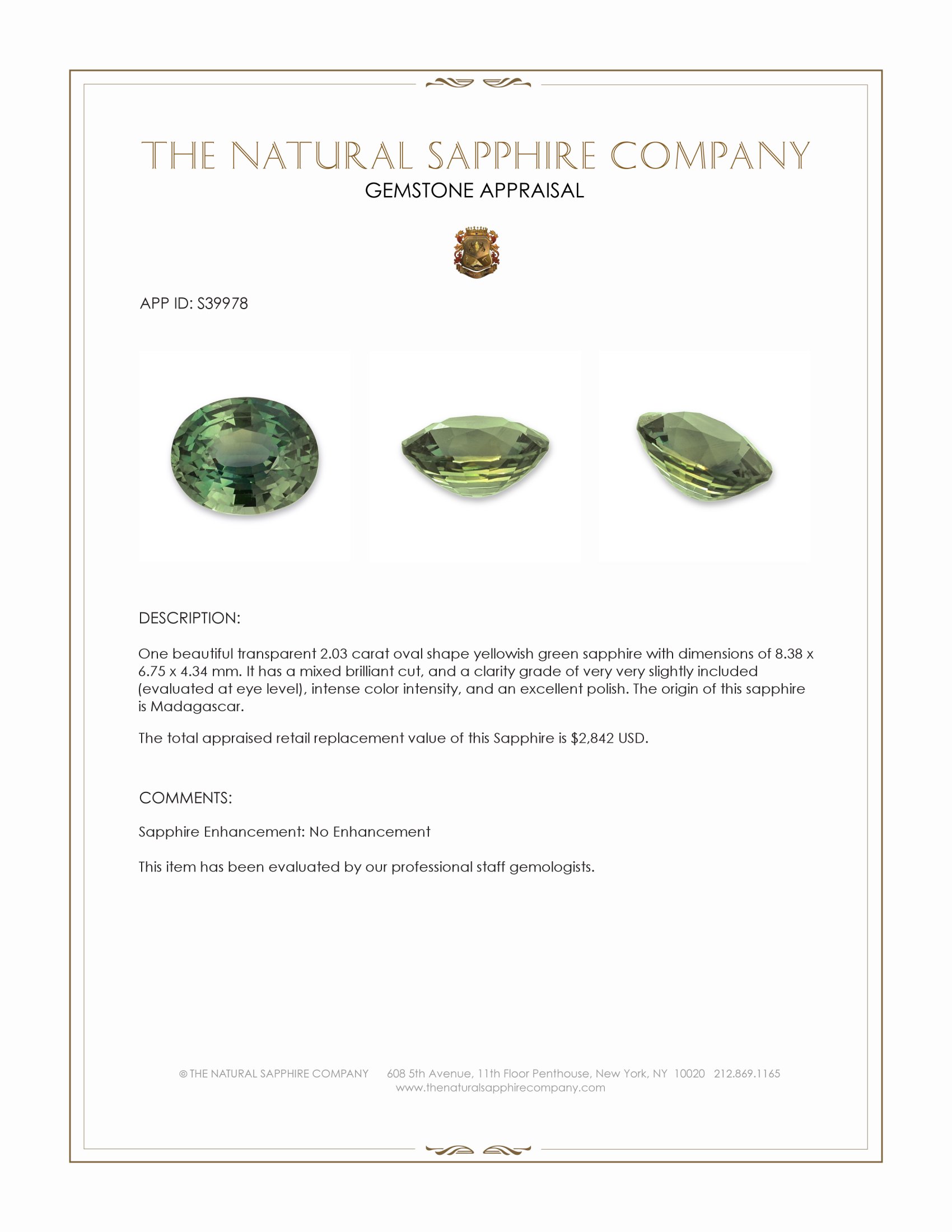 2.03 Ct. Yellowish Green Sapphire from Madagascar