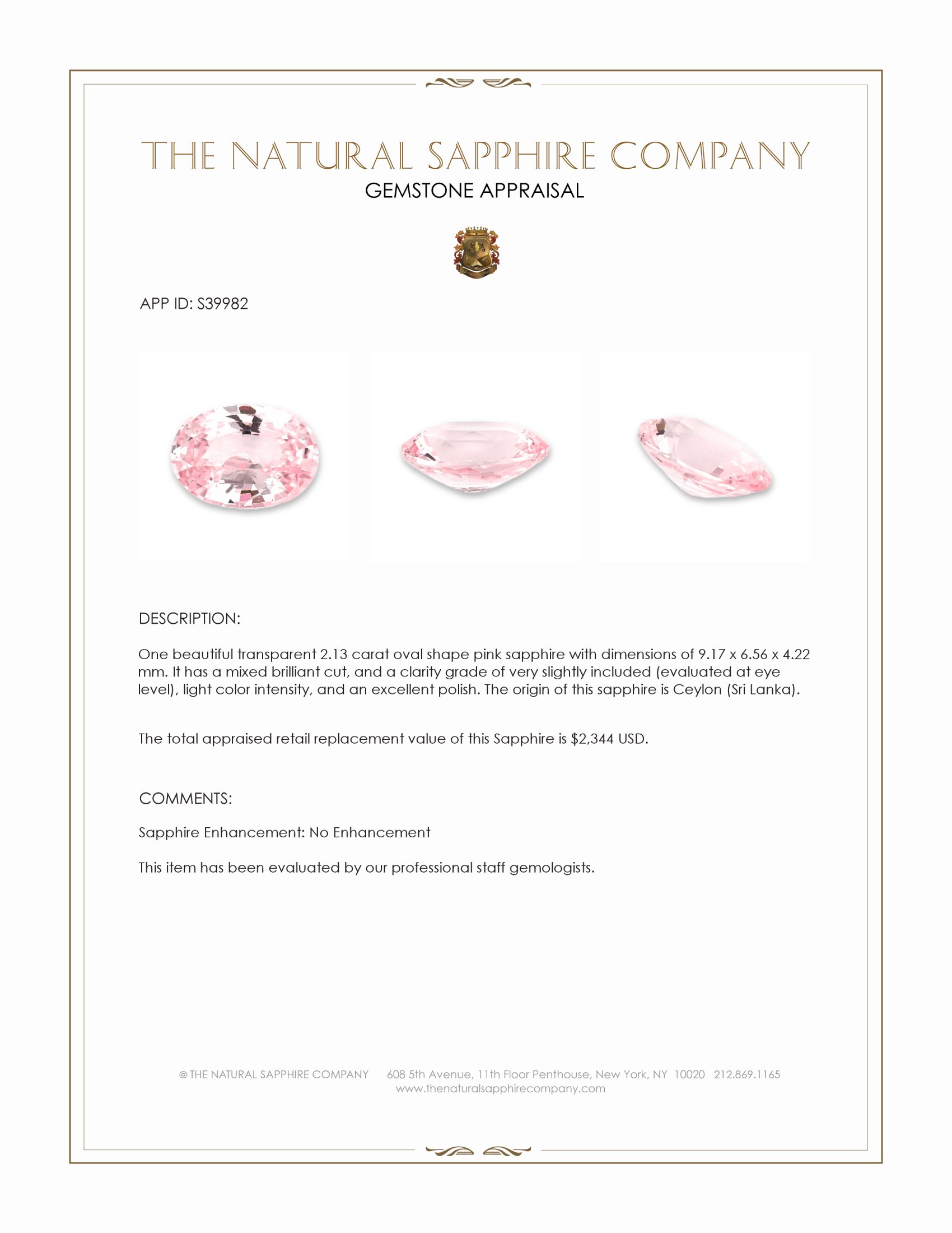 2.13 Ct. Pink Sapphire from Ceylon (Sri Lanka)