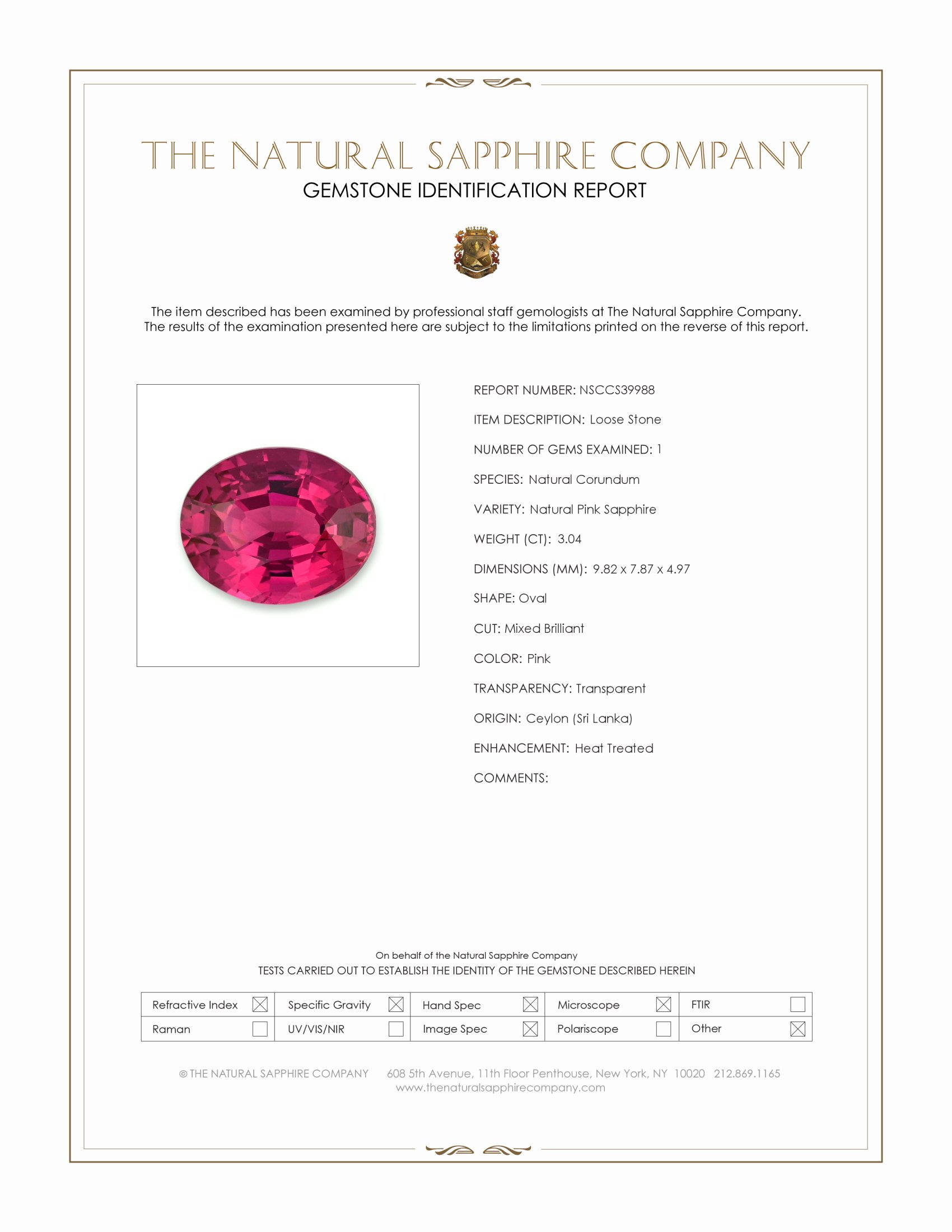 3.04 Ct. Pink Sapphire from Ceylon (Sri Lanka)