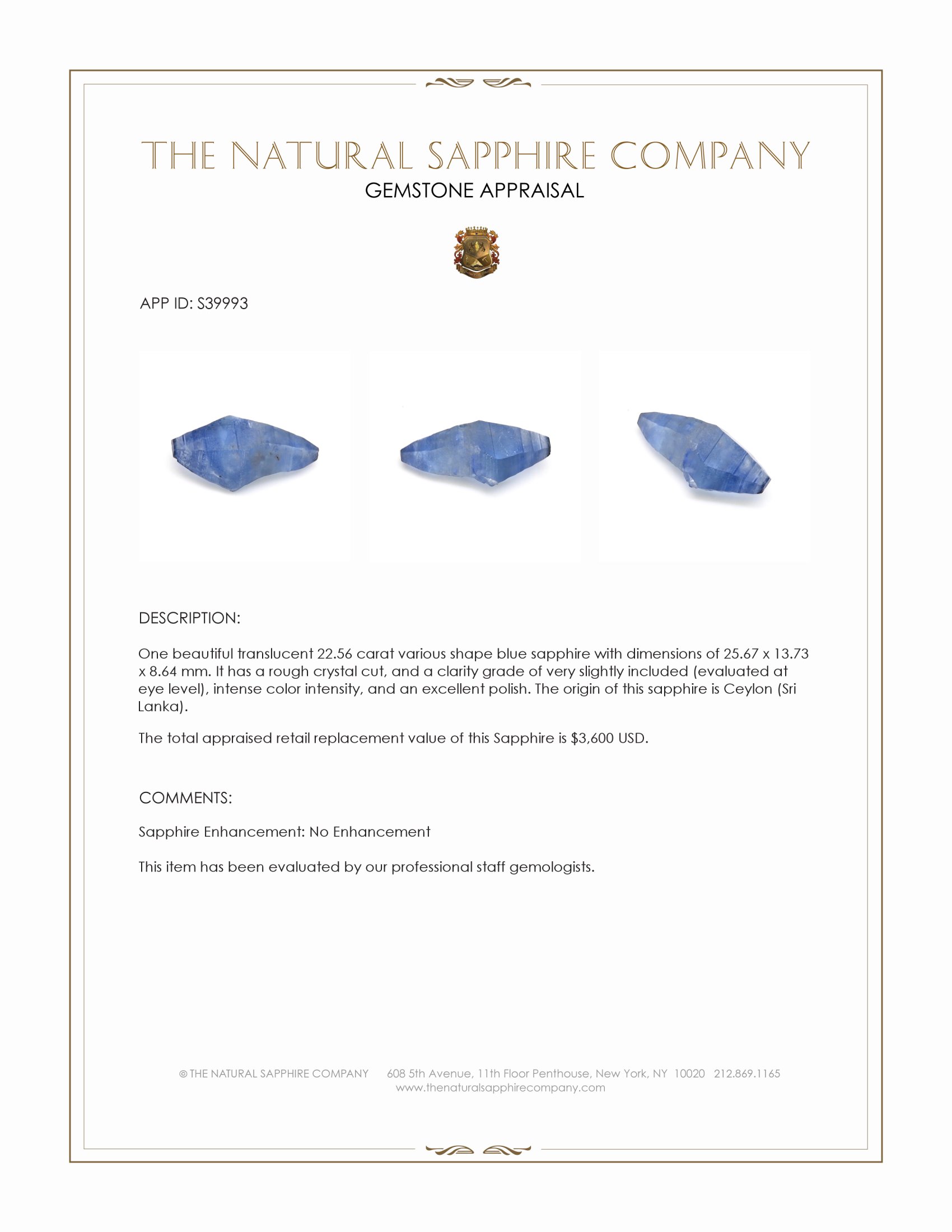 22.56 Ct. Blue Sapphire Crystal from Ceylon (Sri Lanka)