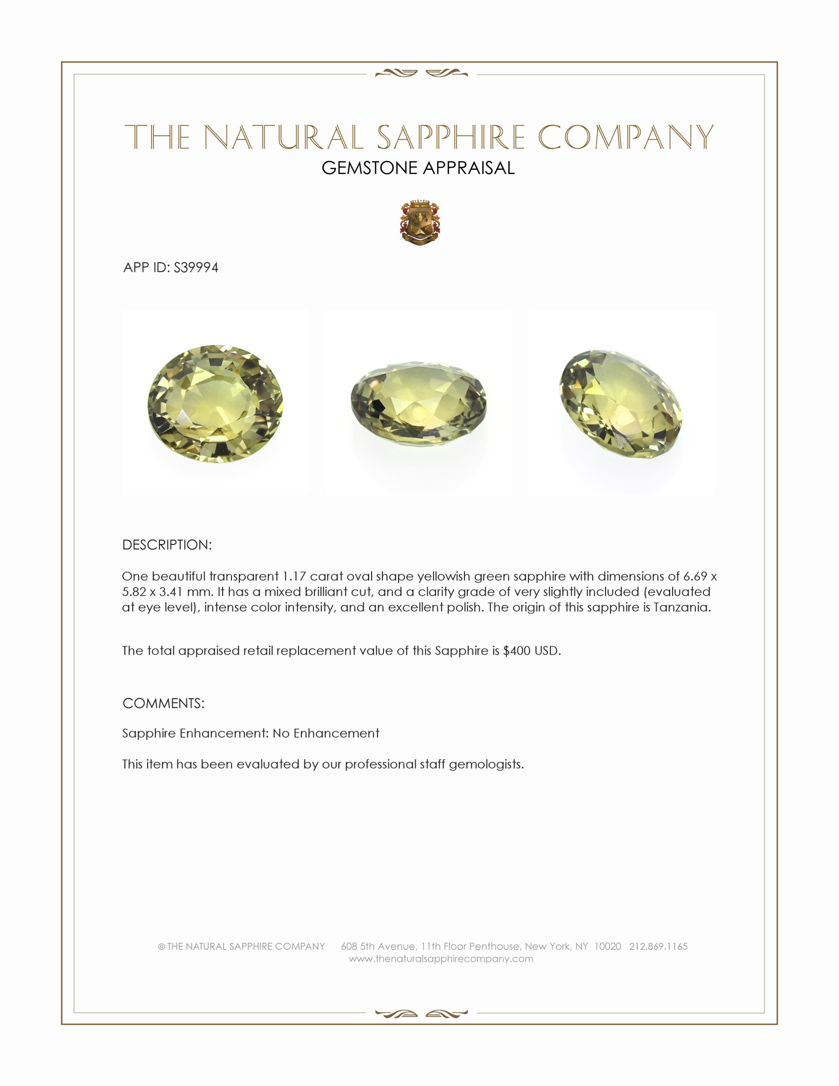 1.17 Ct. Yellowish Green Sapphire from Tanzania