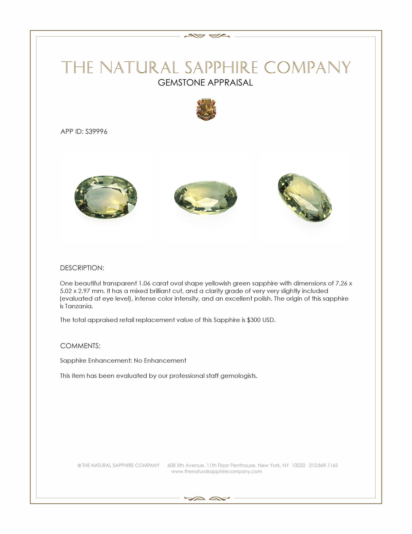 1.06 Ct. Yellowish Green Sapphire from Tanzania
