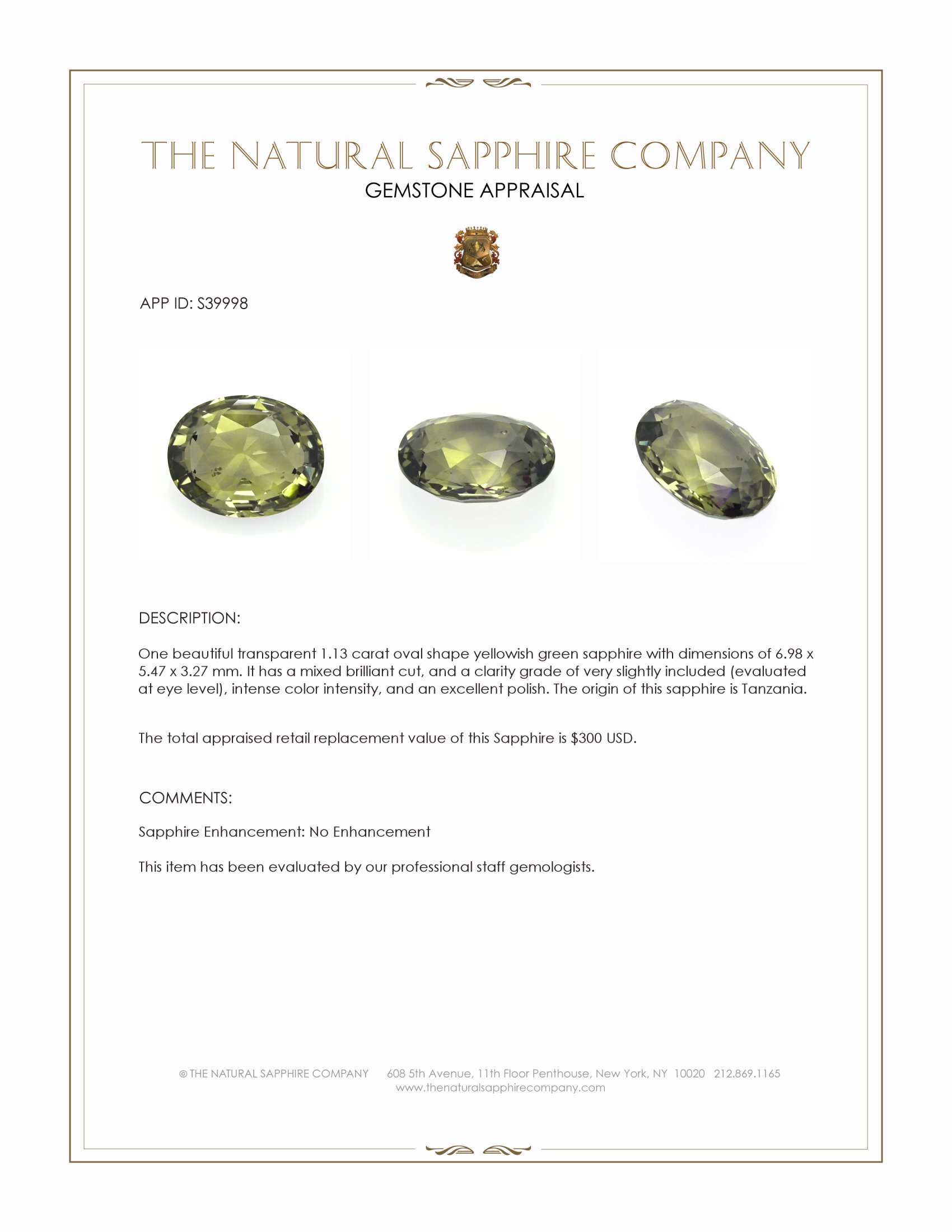 1.13 Ct. Yellowish Green Sapphire from Tanzania