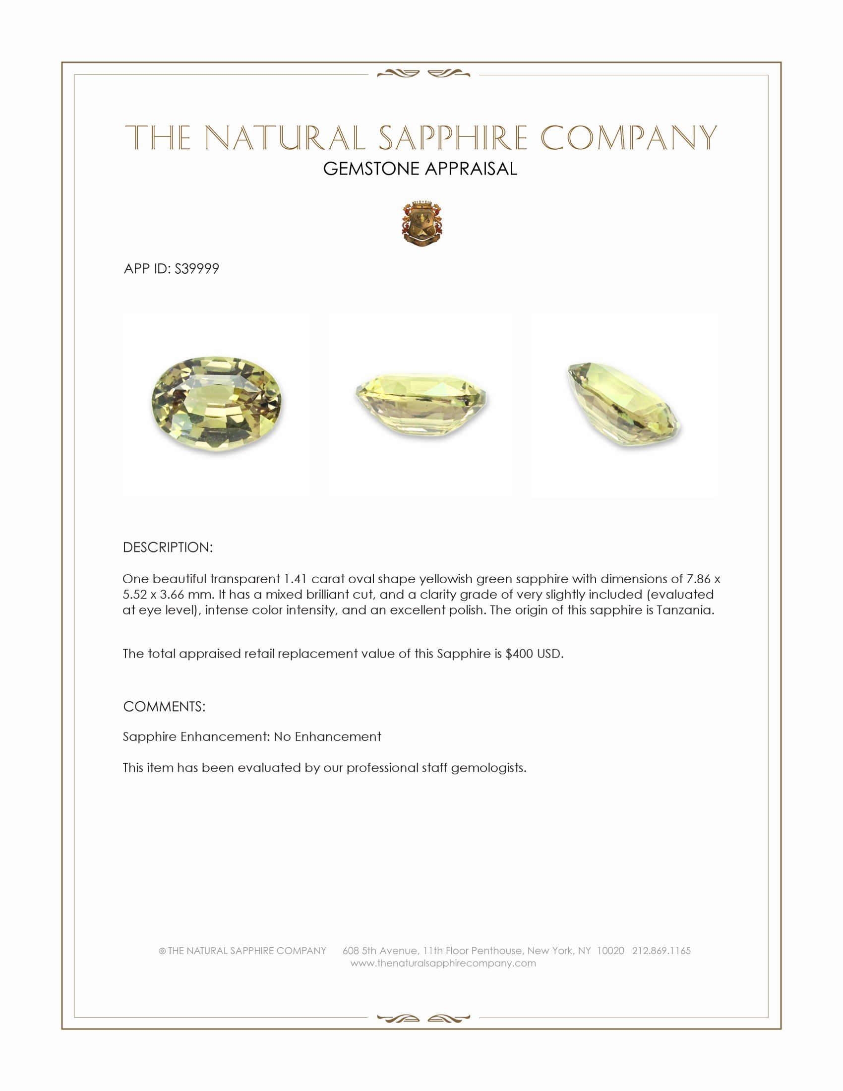 1.41 Ct. Yellowish Green Sapphire from Tanzania