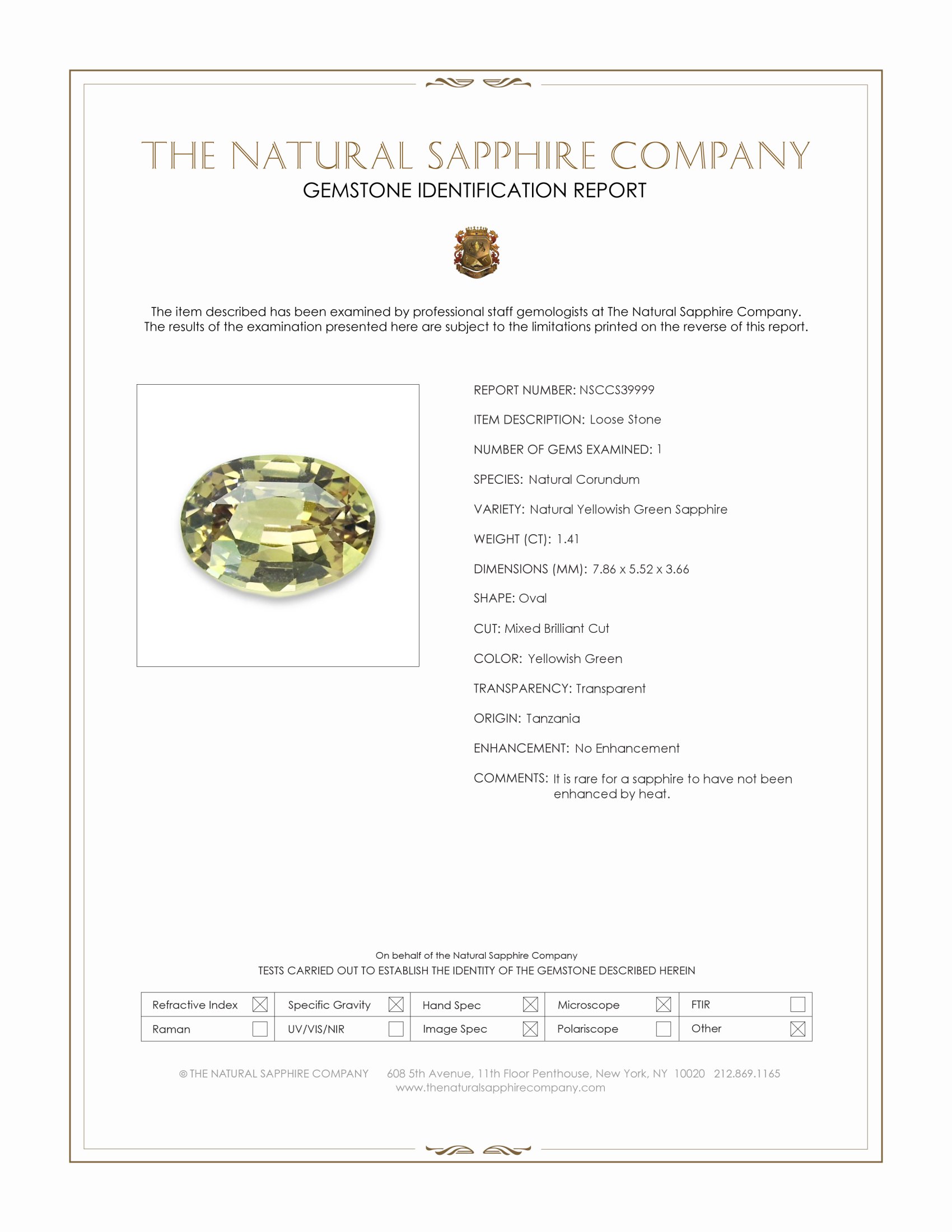 1.41 Ct. Yellowish Green Sapphire from Tanzania