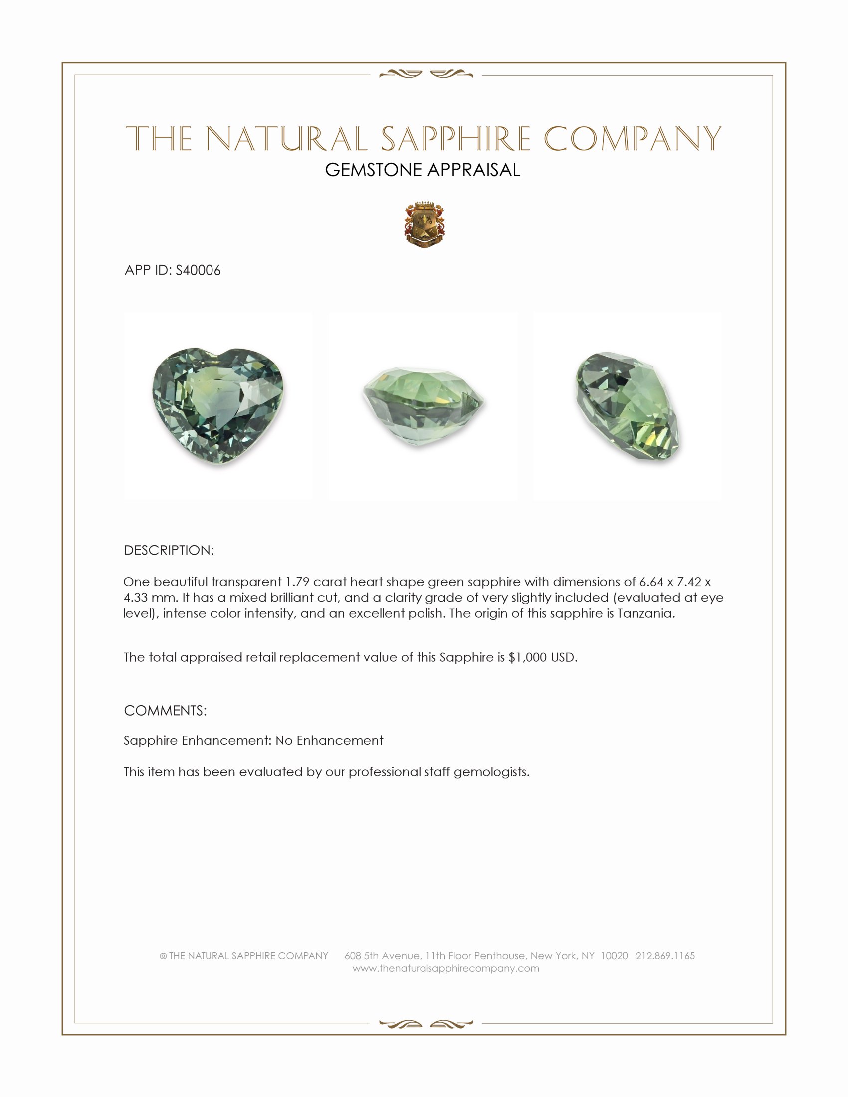 1.79 Ct. Green Sapphire from Tanzania