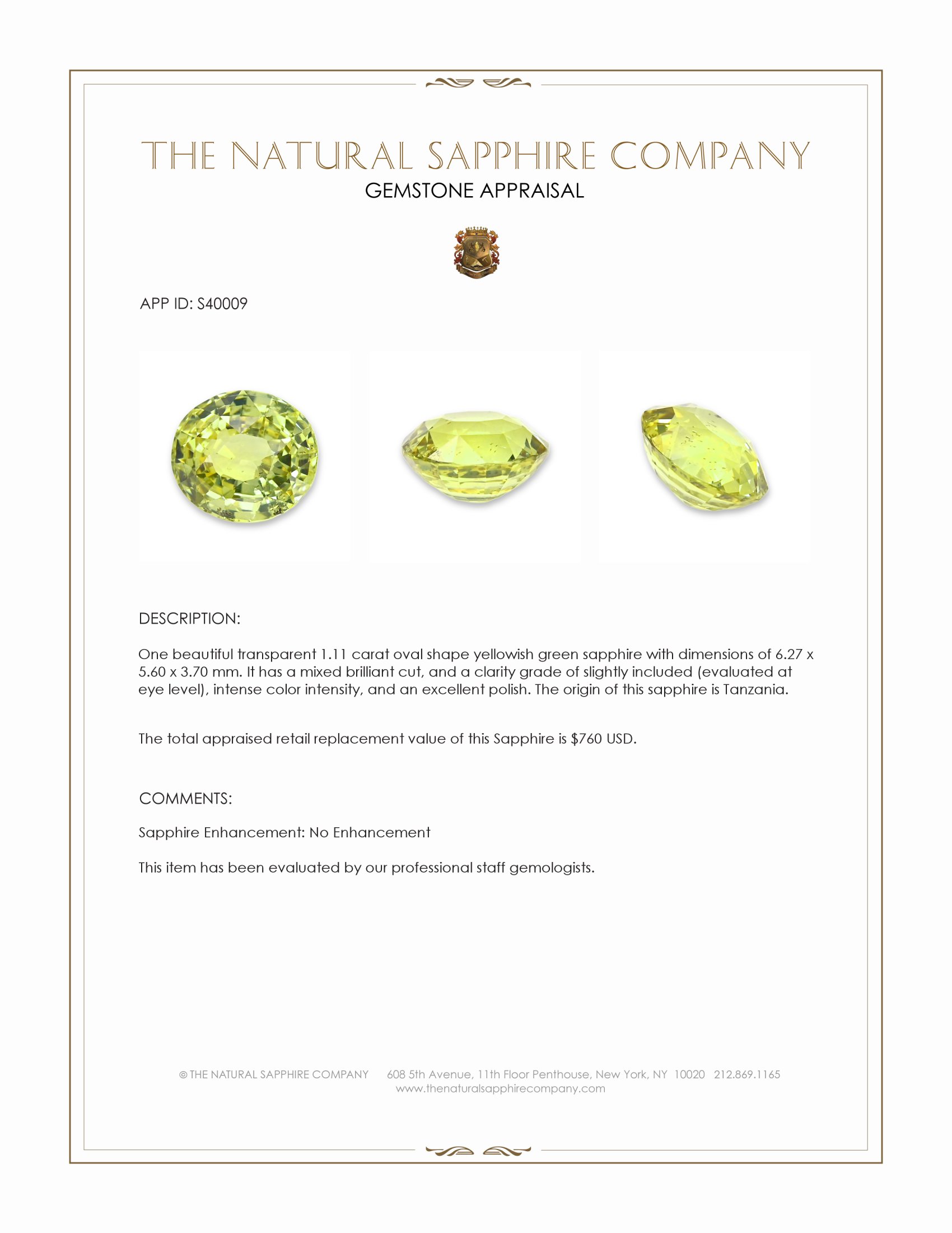 1.11 Ct. Yellowish Green Sapphire from Tanzania
