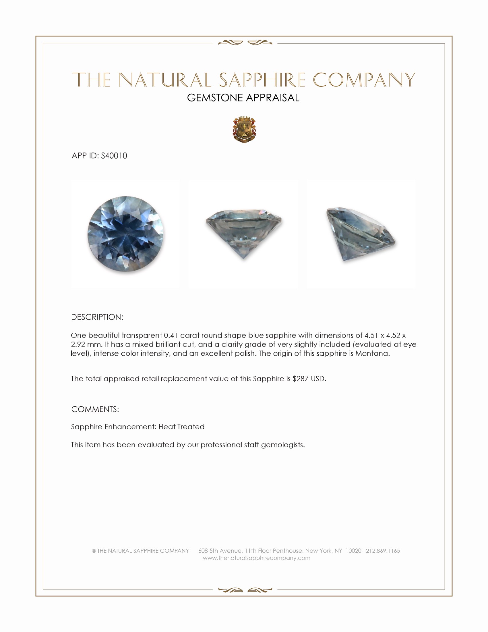 0.41 Ct. Blue Sapphire from Montana