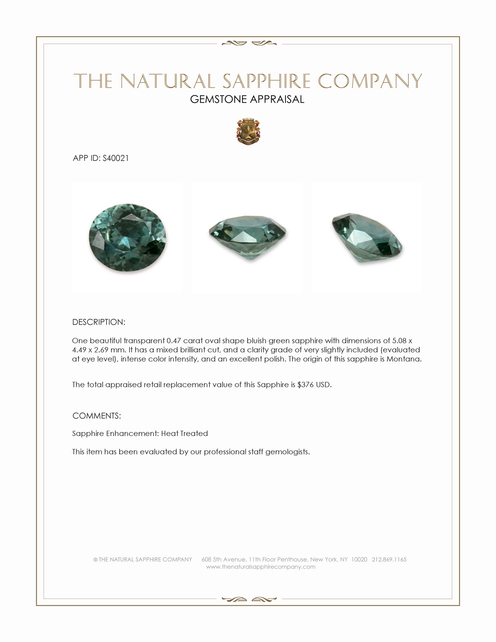 0.47 Ct. Bluish Green Sapphire from Montana