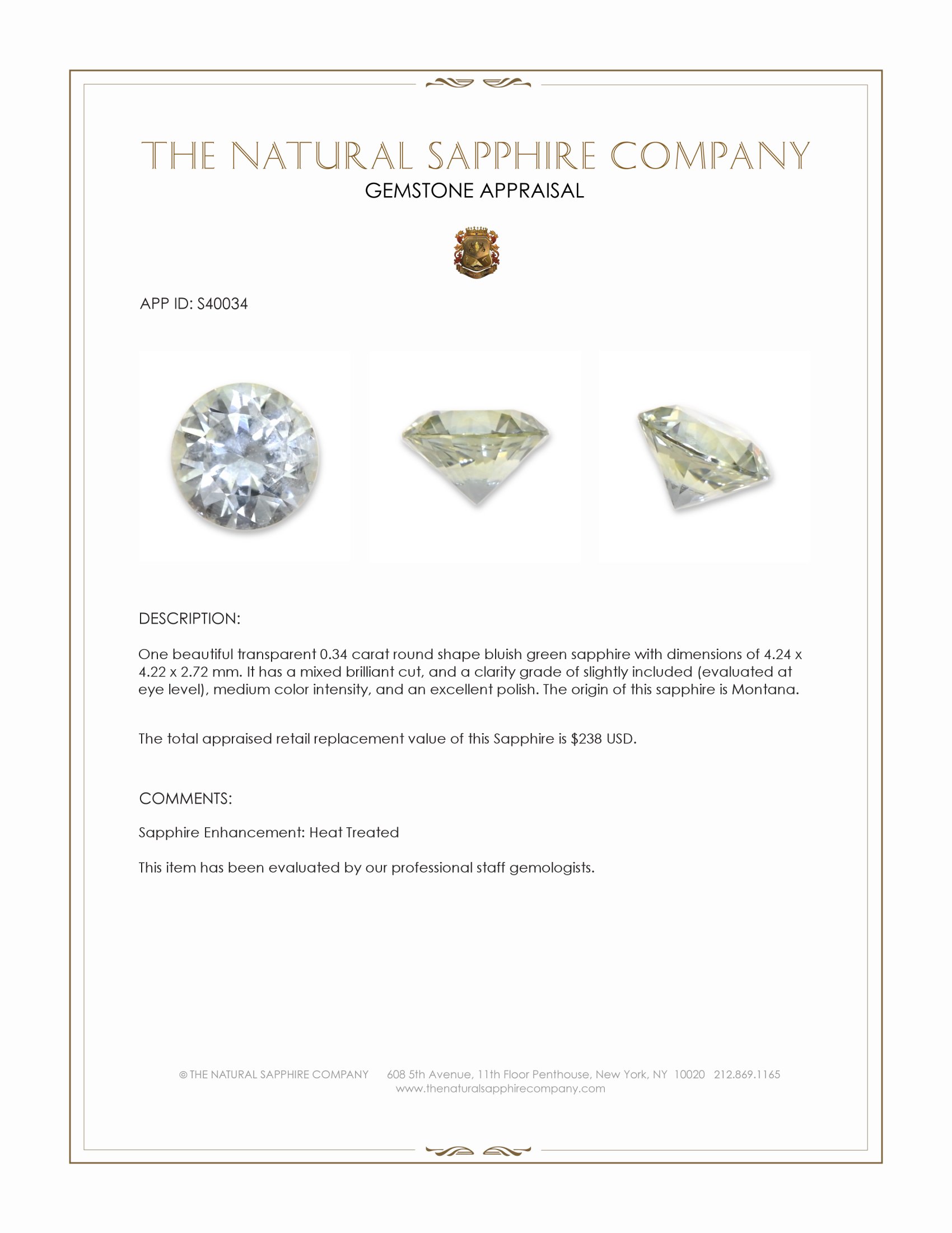 0.34 Ct. Bluish Green Sapphire from Montana