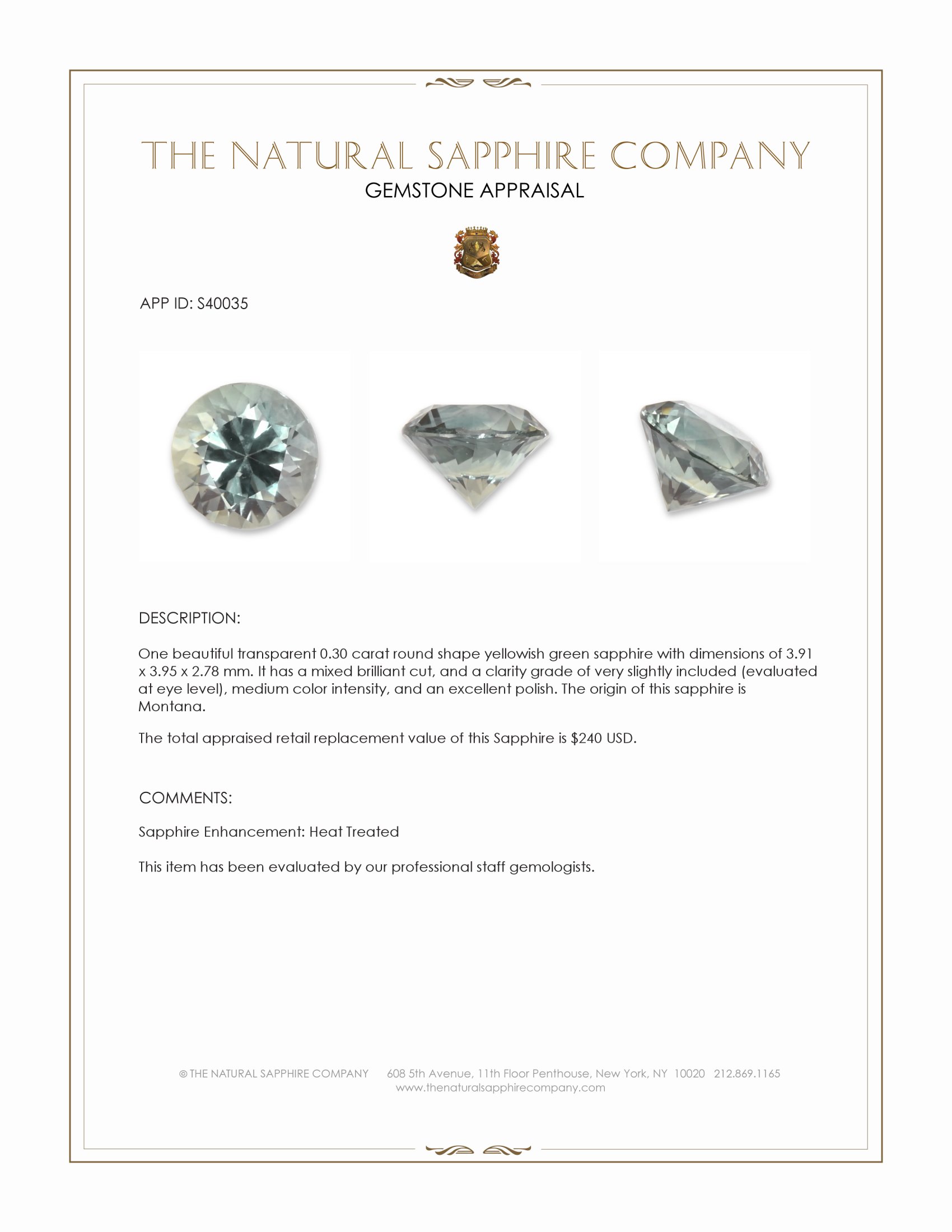 0.30 Ct. Yellowish Green Sapphire from Montana