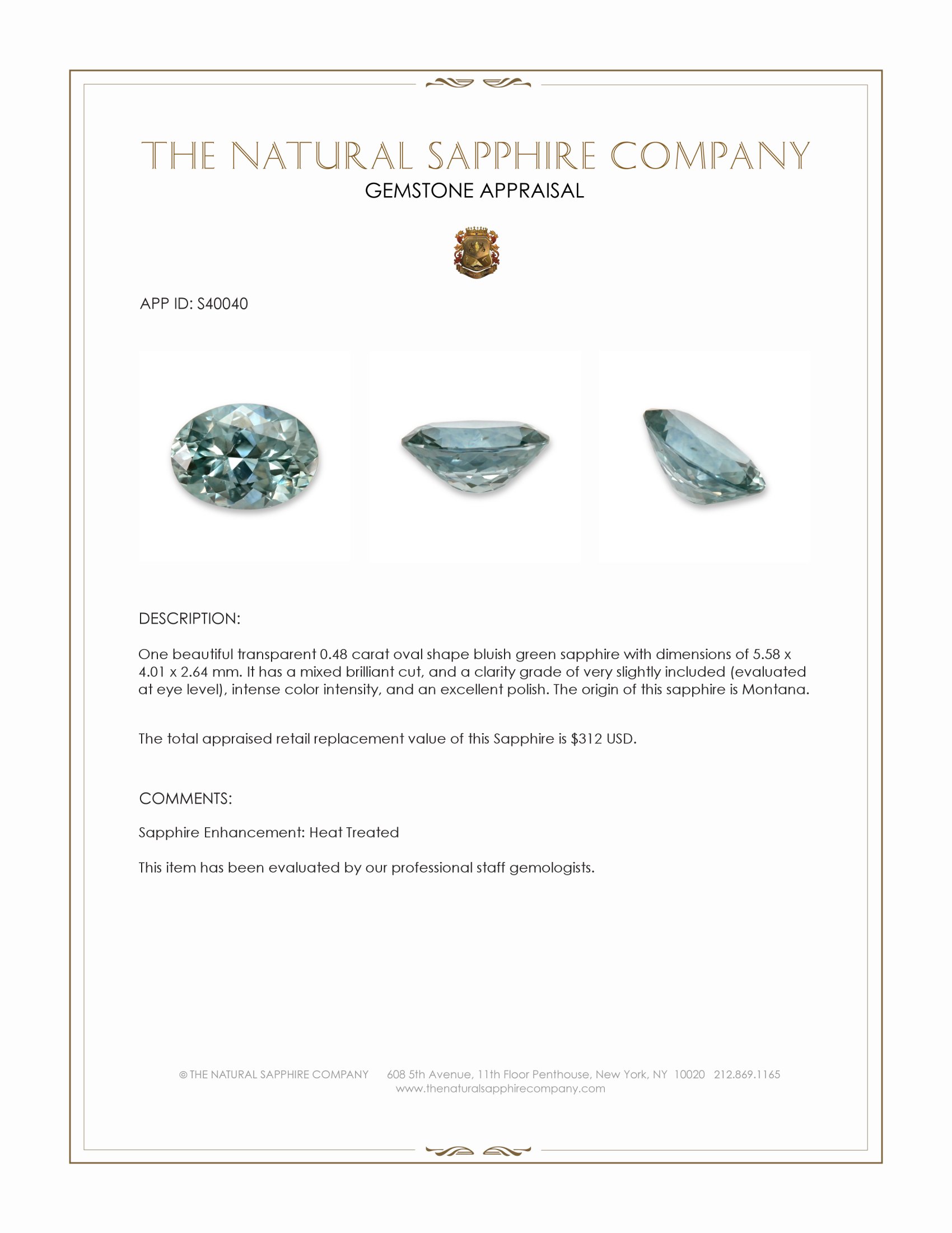 0.48 Ct. Bluish Green Sapphire from Montana