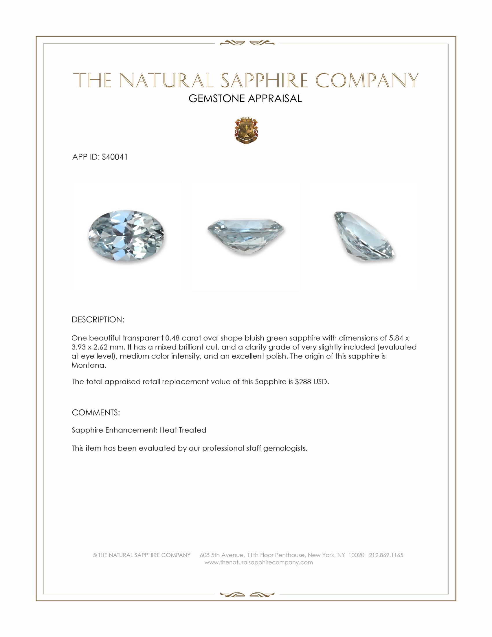 0.48 Ct. Bluish Green Sapphire from Montana
