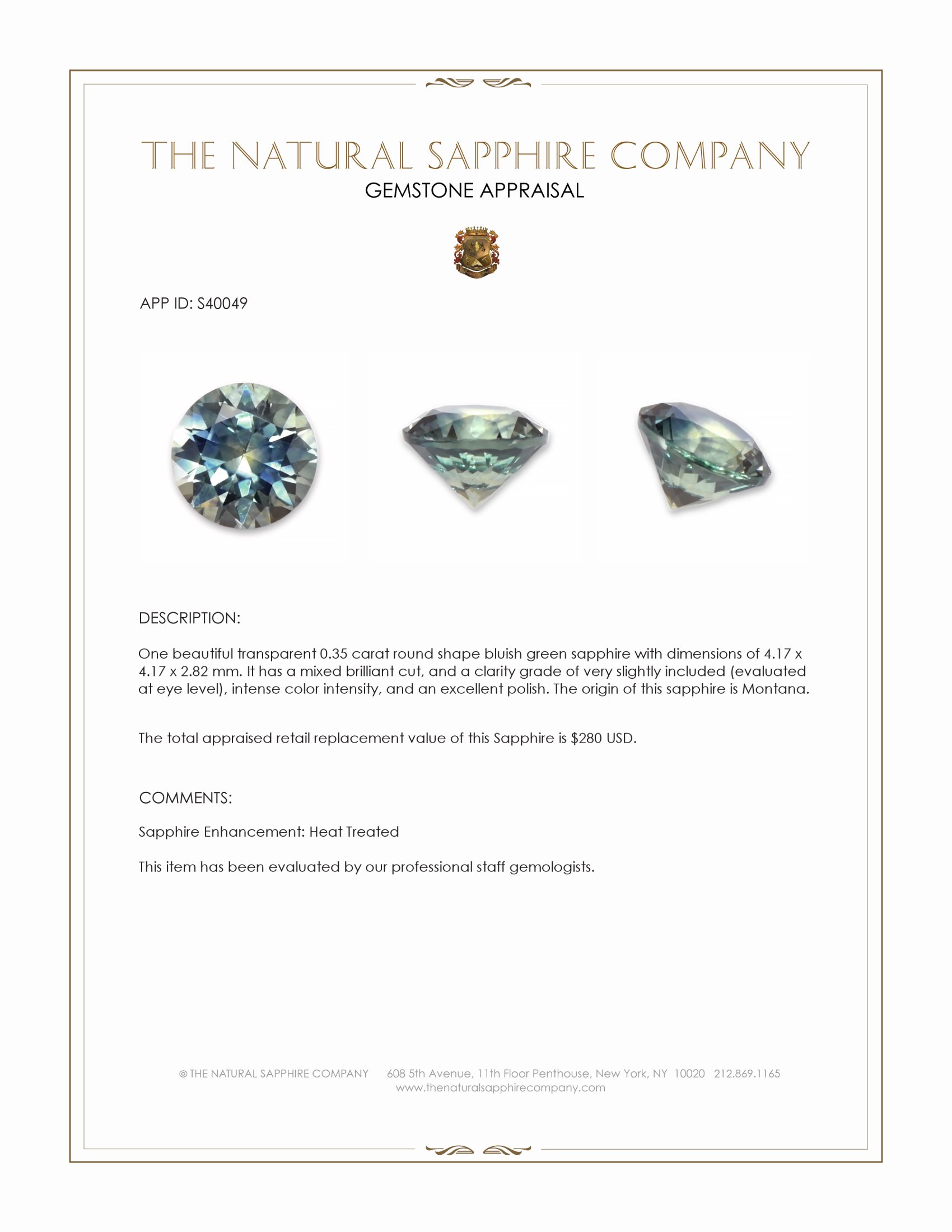 0.35 Ct. Bluish Green Sapphire from Montana