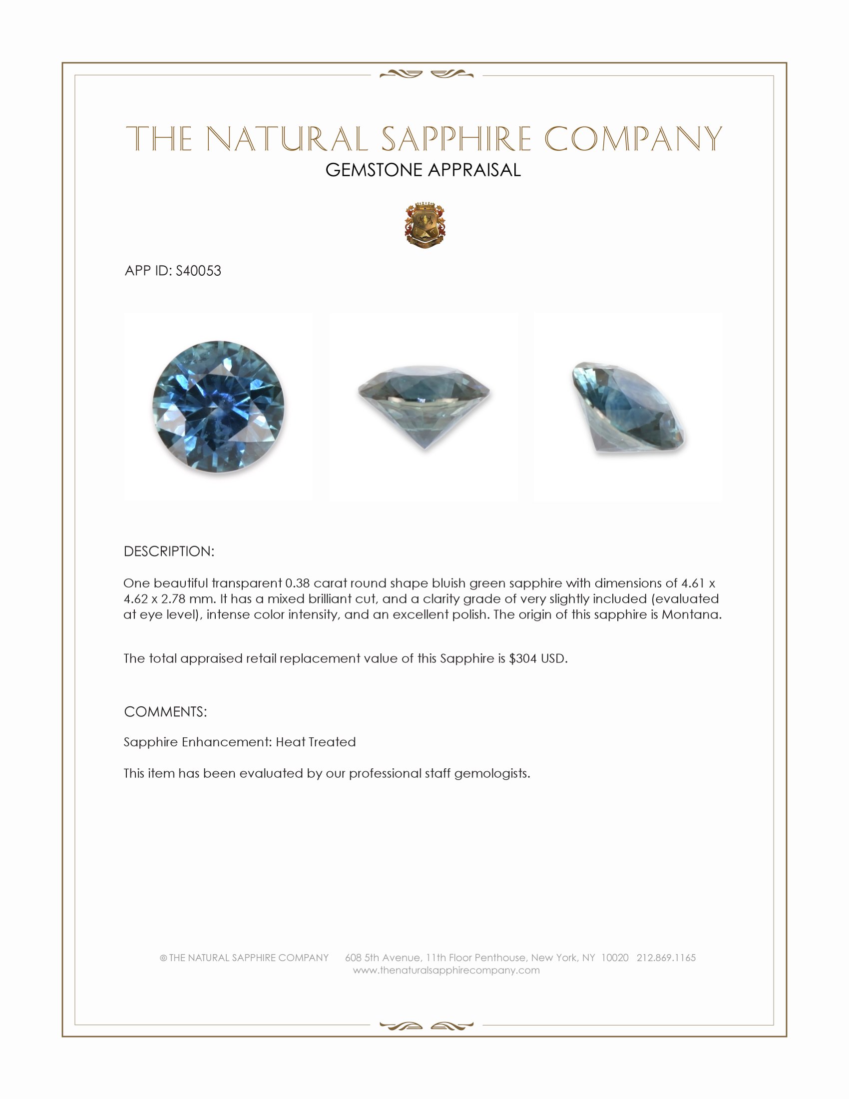 0.38 Ct. Bluish Green Sapphire from Montana