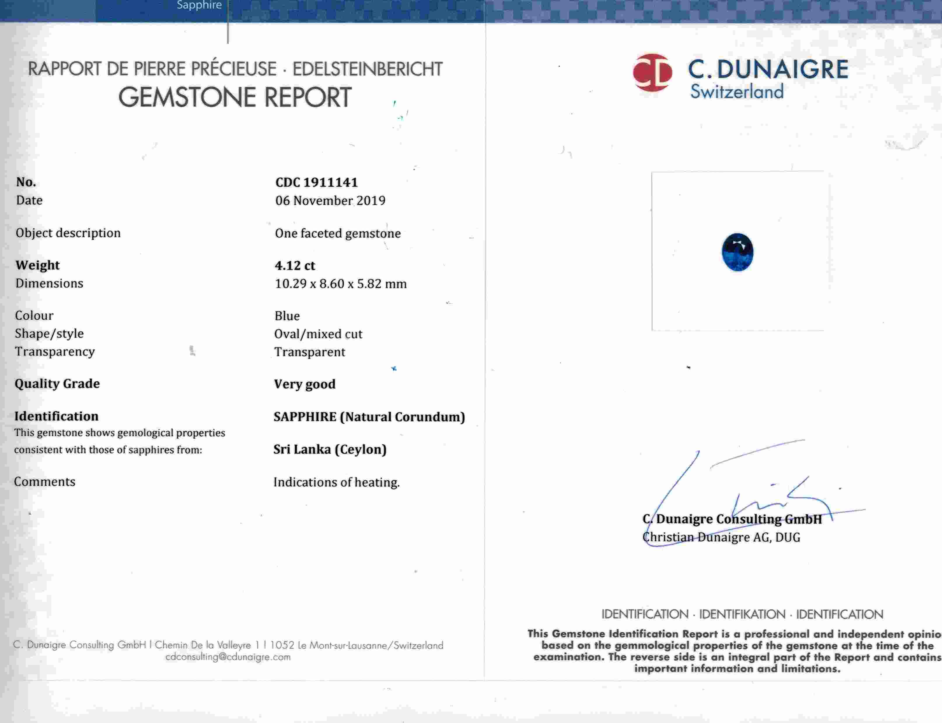 4.12 Ct. Blue Sapphire from Ceylon (Sri Lanka)