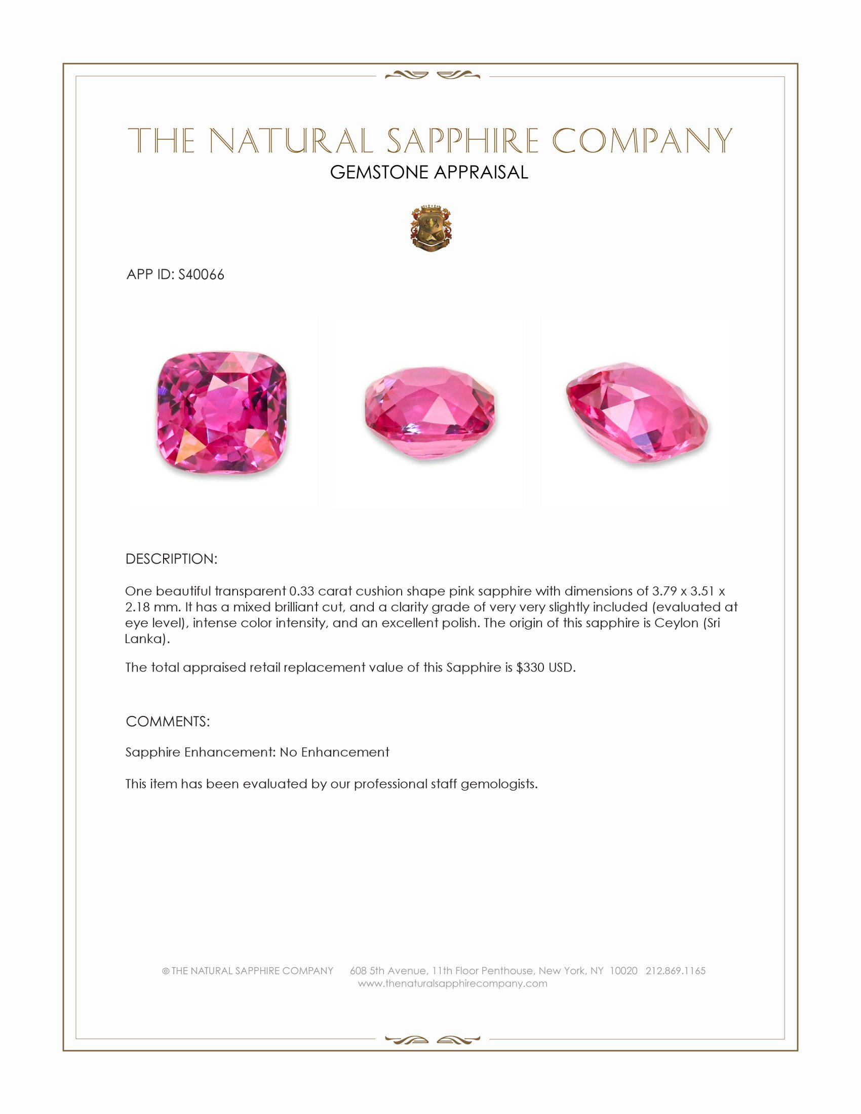 0.33 Ct. Pink Sapphire from Ceylon (Sri Lanka)