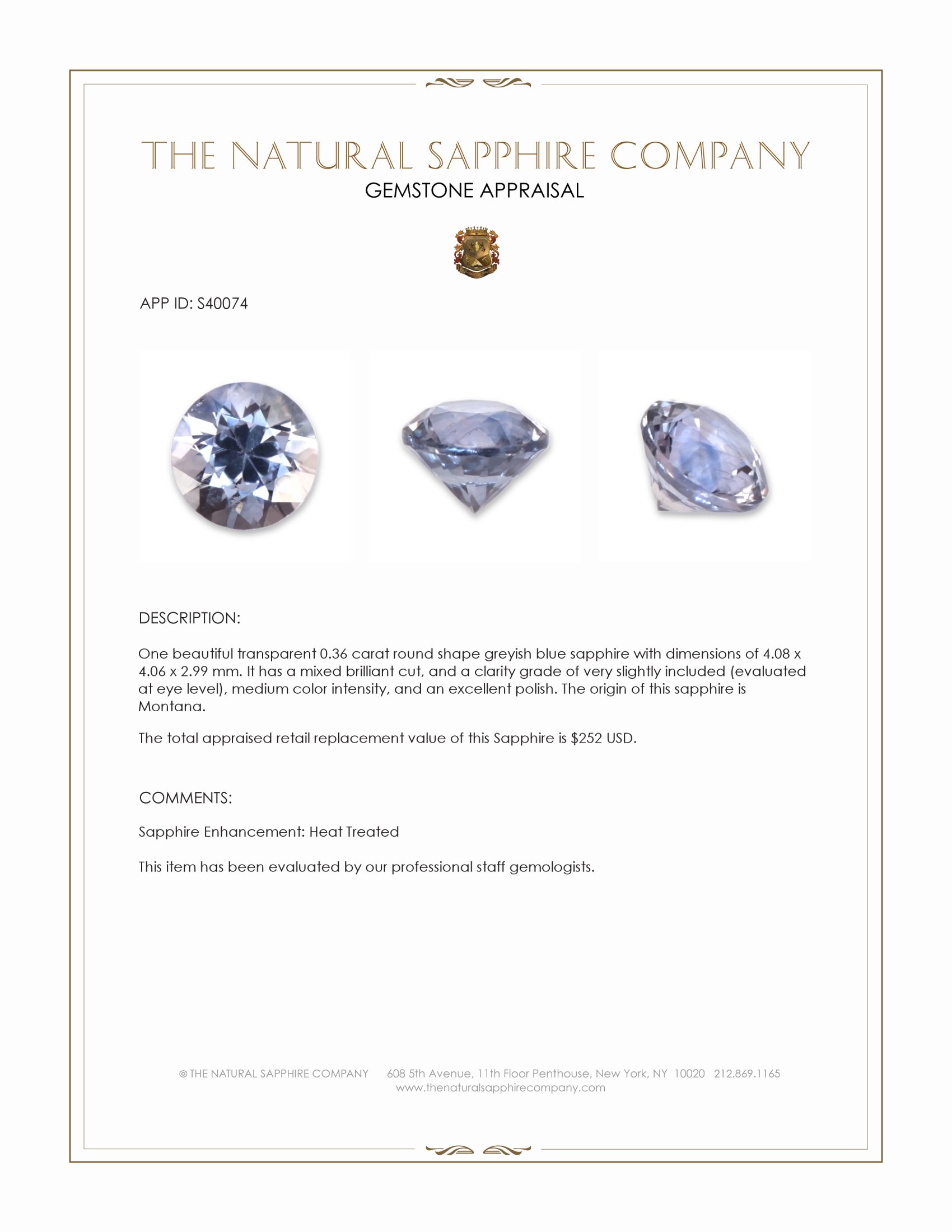 0.36 Ct. Greyish Blue Sapphire from Montana