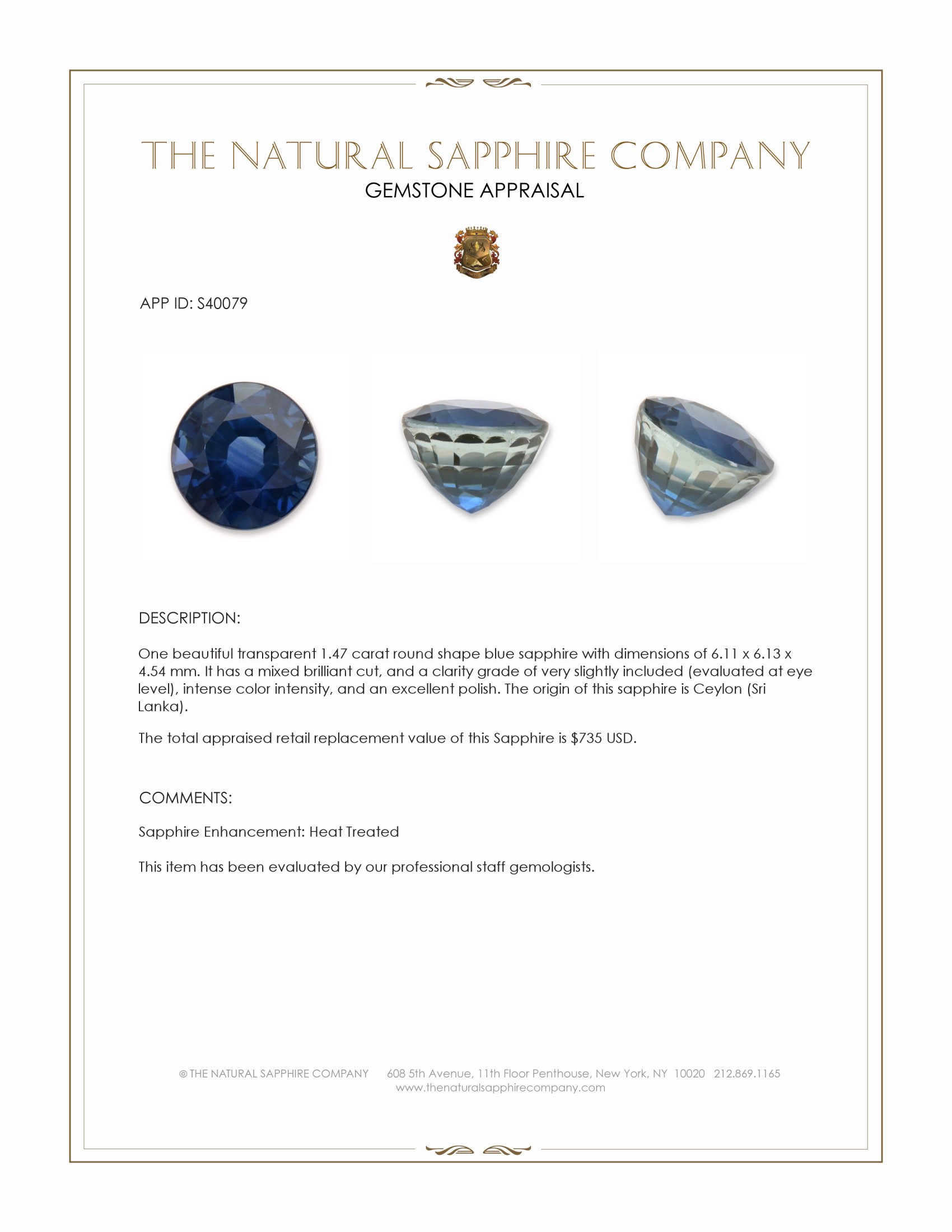 1.47 Ct. Blue Sapphire from Ceylon (Sri Lanka)