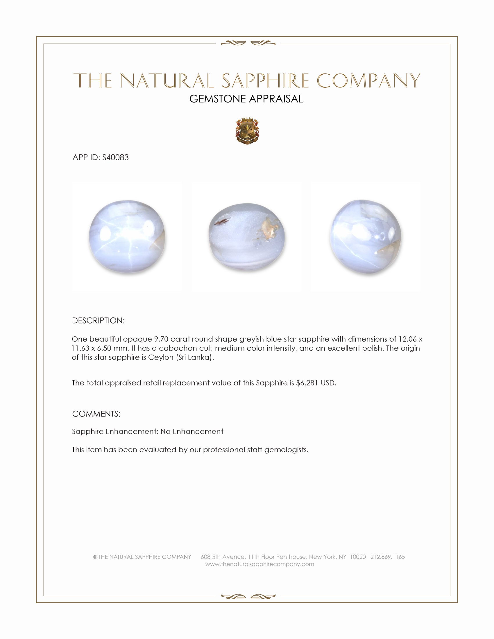 9.70 Ct. Greyish Blue Star Sapphire from Ceylon (Sri Lanka)